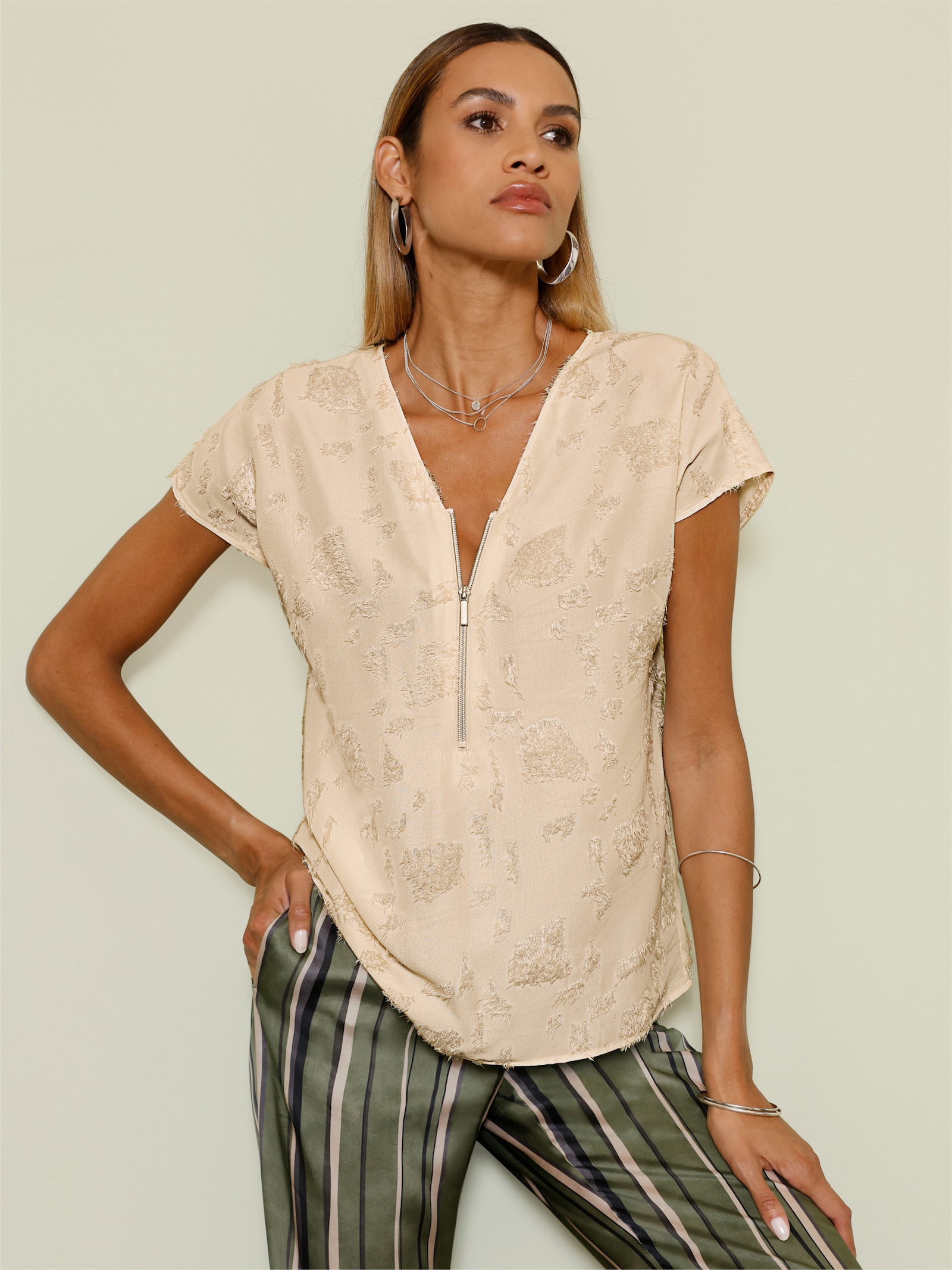 Schlupf-Bluse mit Fransen - elfenbein