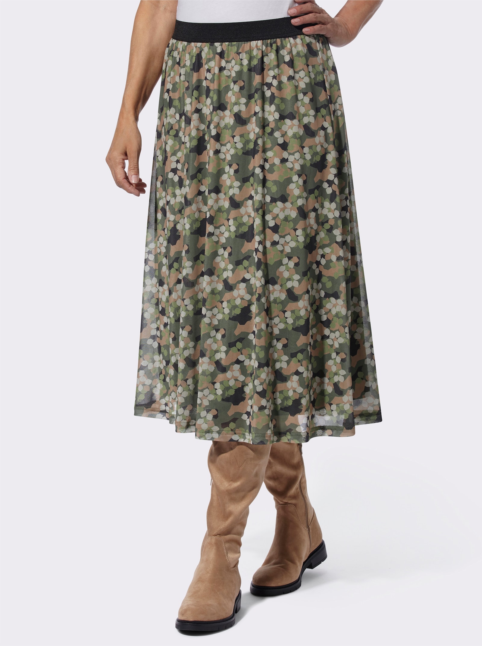 Meshrock mit Kontrast-Gummibund - khaki-sand-bedruckt