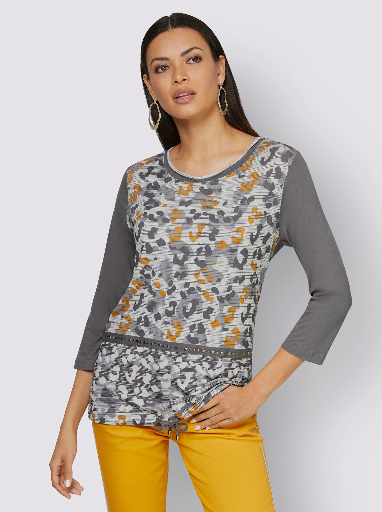 3/4-Arm-Shirt - steingrau-ocker-bedruckt