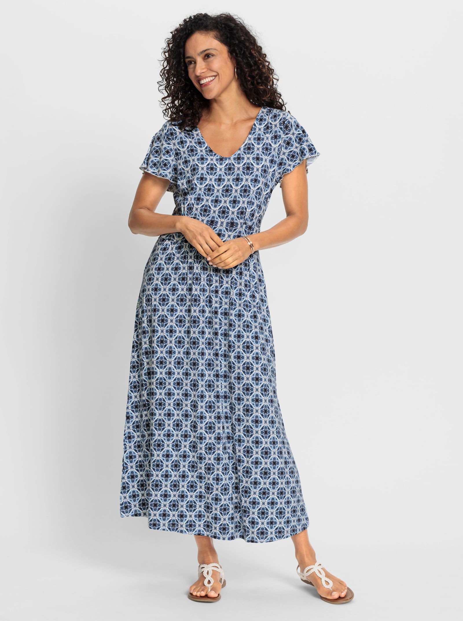 Jerseykleid im Druck-Dessin - jeansblau-ecru-bedruckt