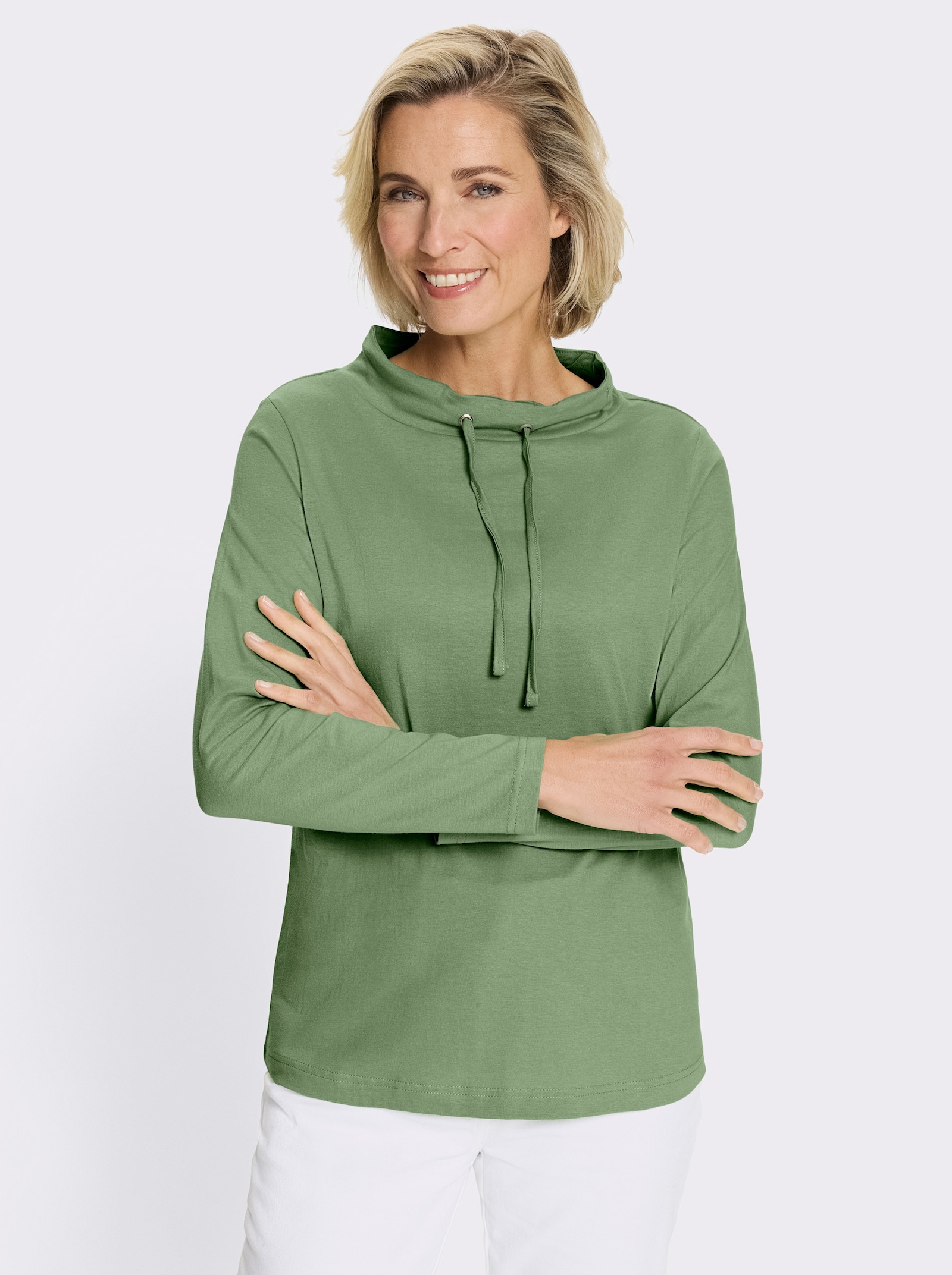 Langarmshirt mit Bindeband am Ausschnitt - eucalyptus