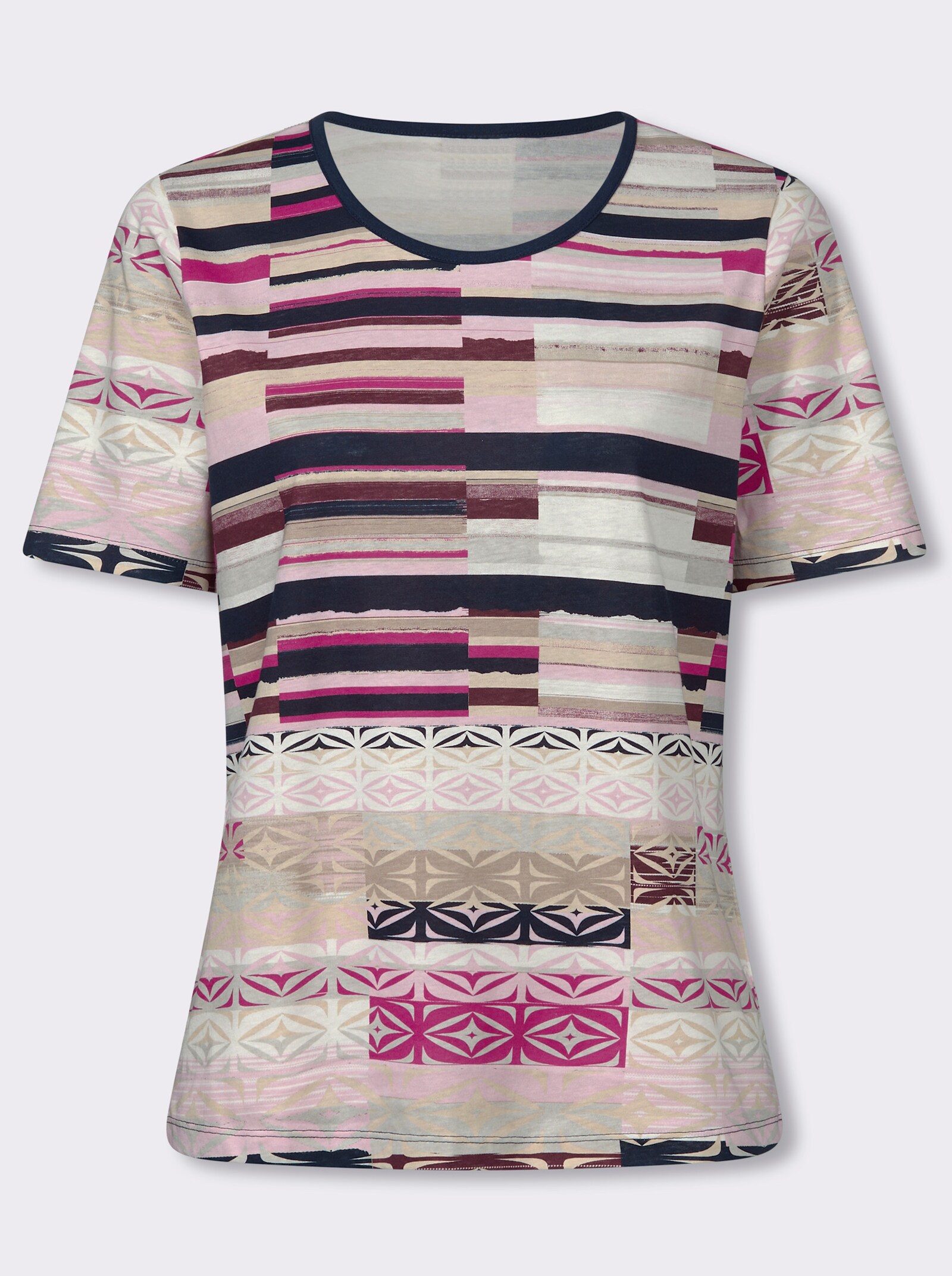 Kurzarmshirt mit grafischem Druck - burgund-rosé-bedruckt