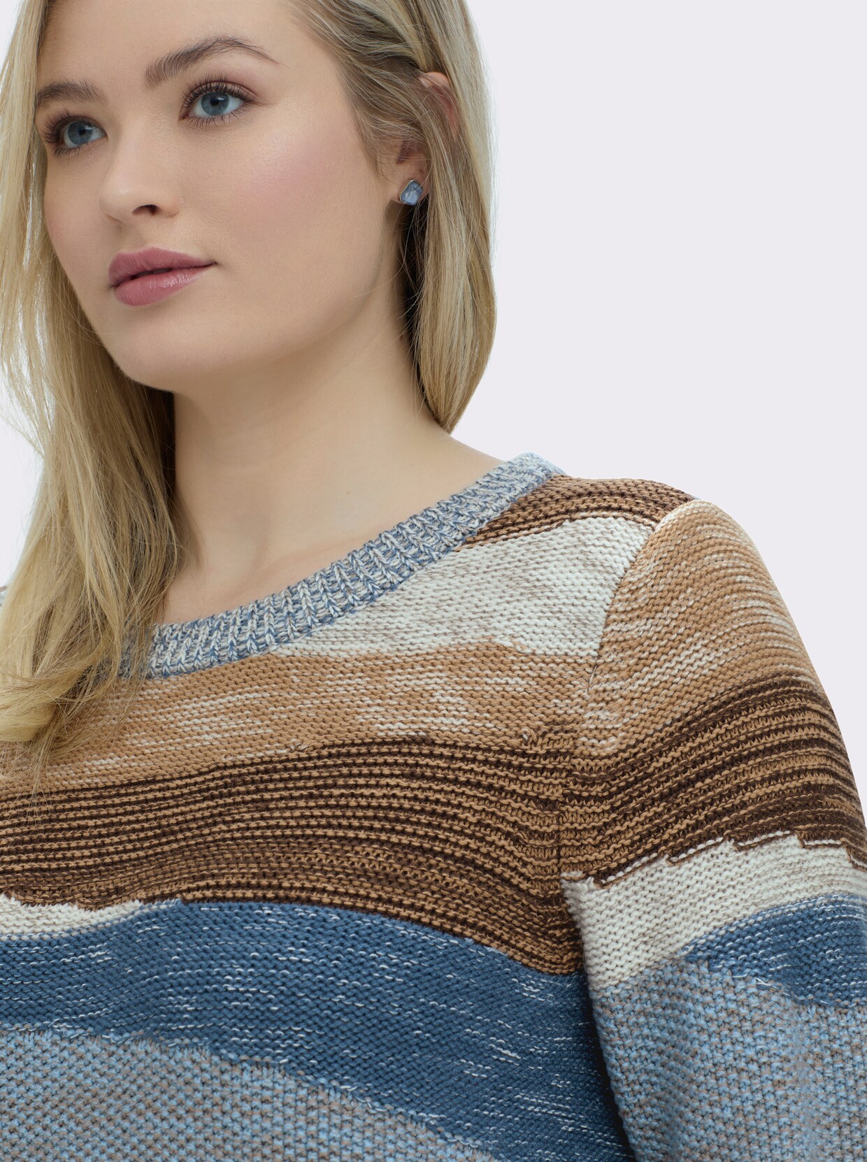 Strickpullover mit farbigen Rippbündchen - jeansblau-taupe-gemustert