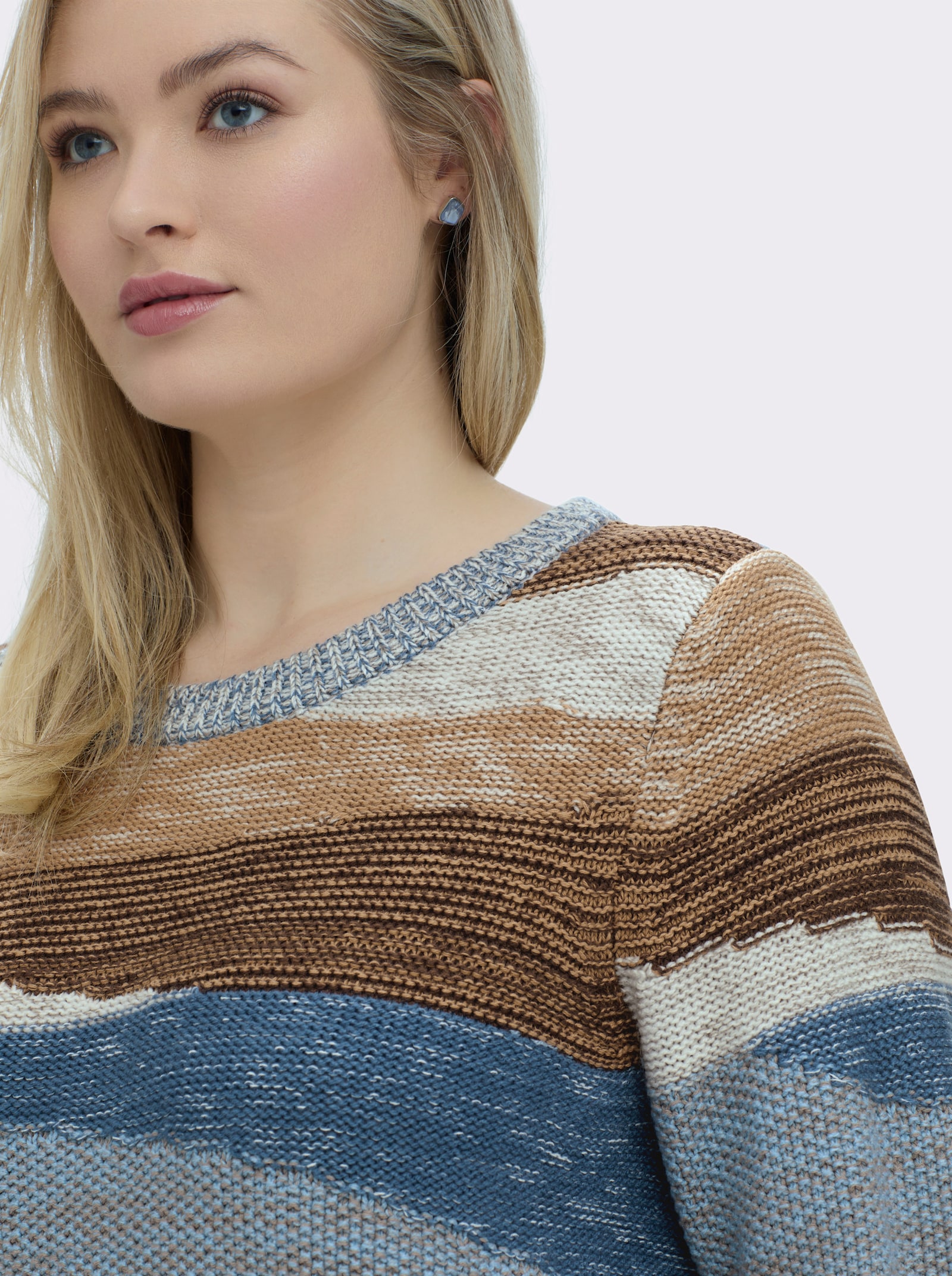 Strickpullover mit farbigen Rippbündchen - jeansblau-taupe-gemustert