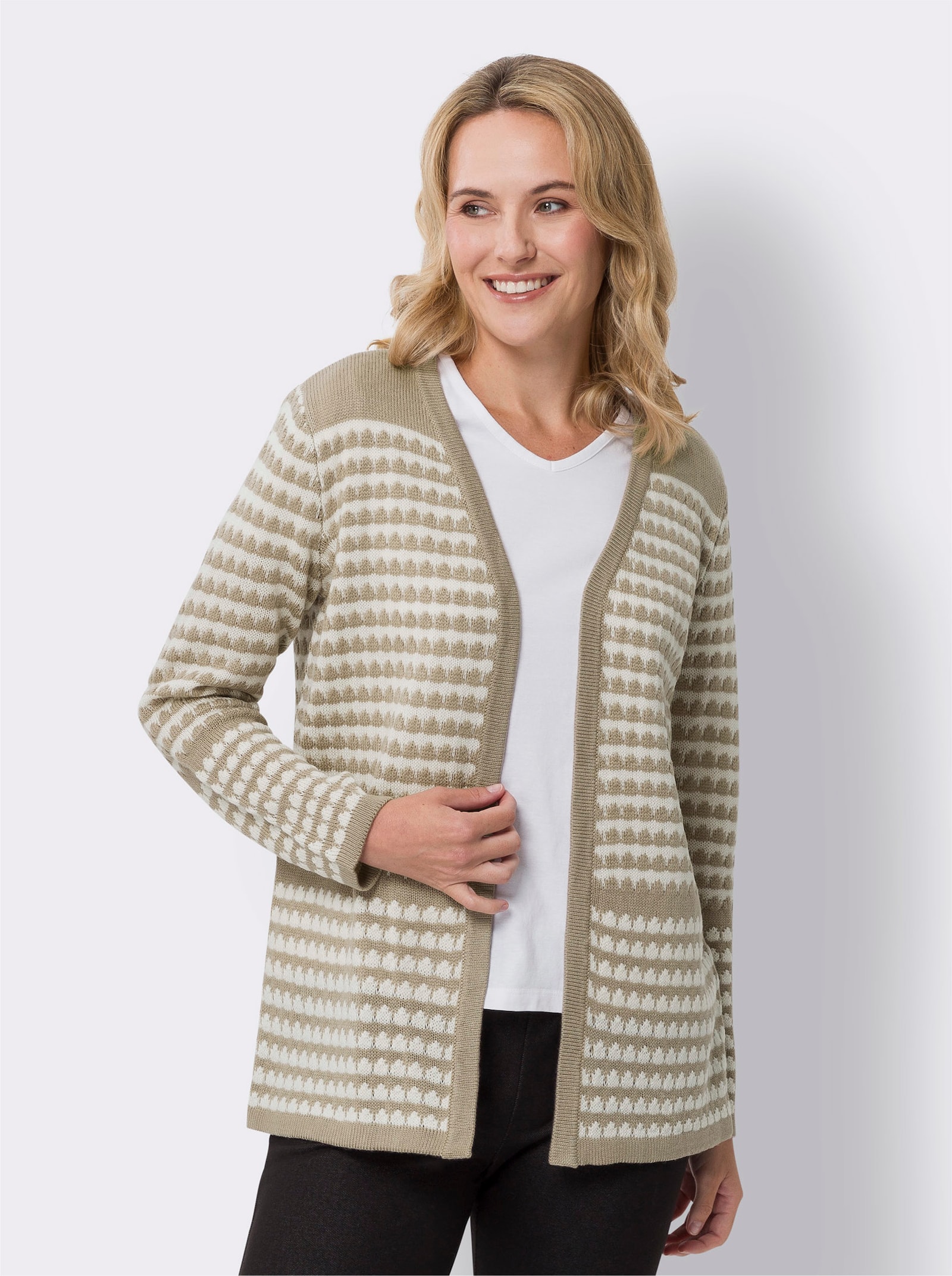 Lang vest in streeplook - sesam/champagne gedessineerd