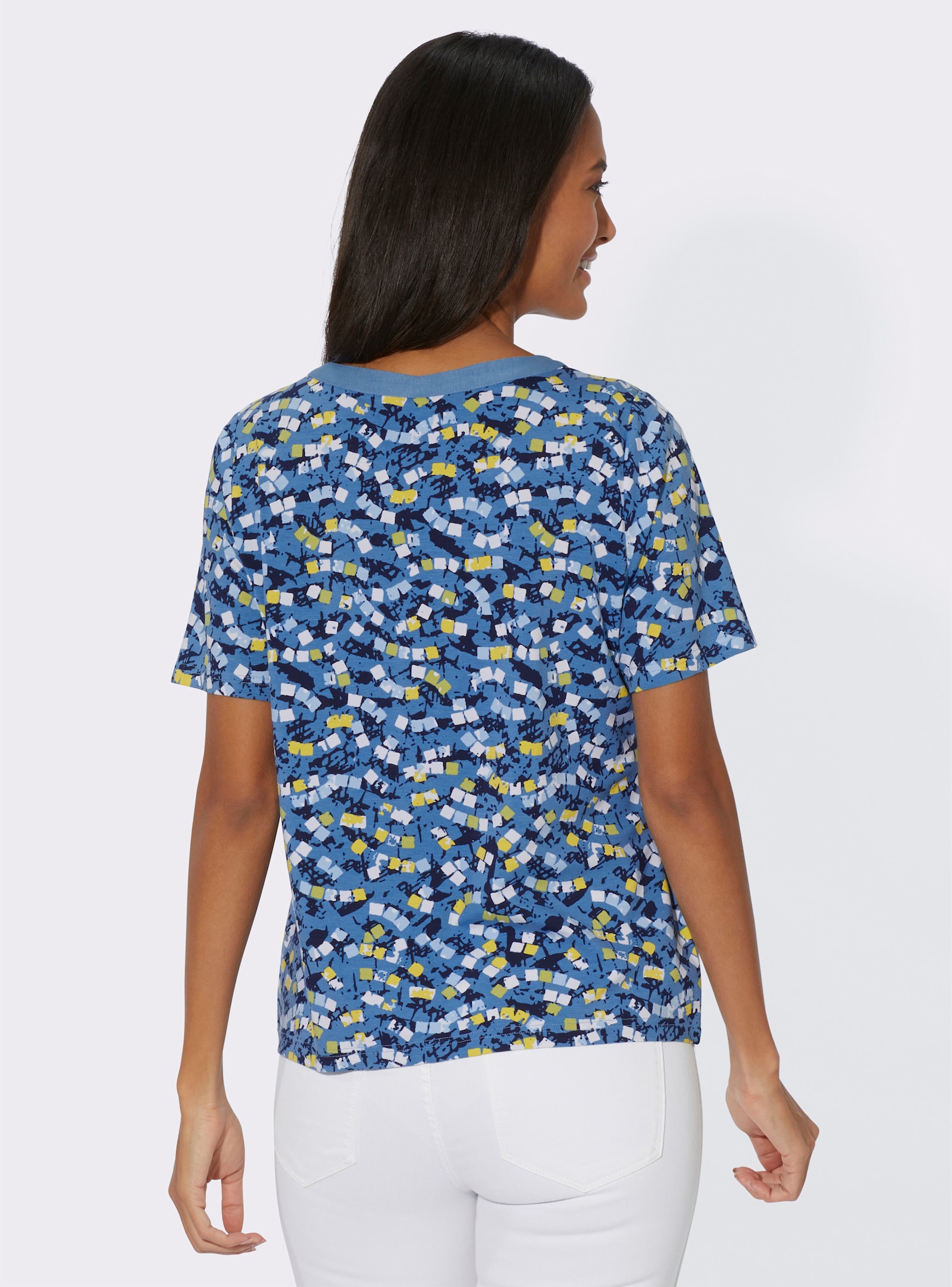 Kurzarmshirt mit offenem V - mittelblau-limone-bedruckt