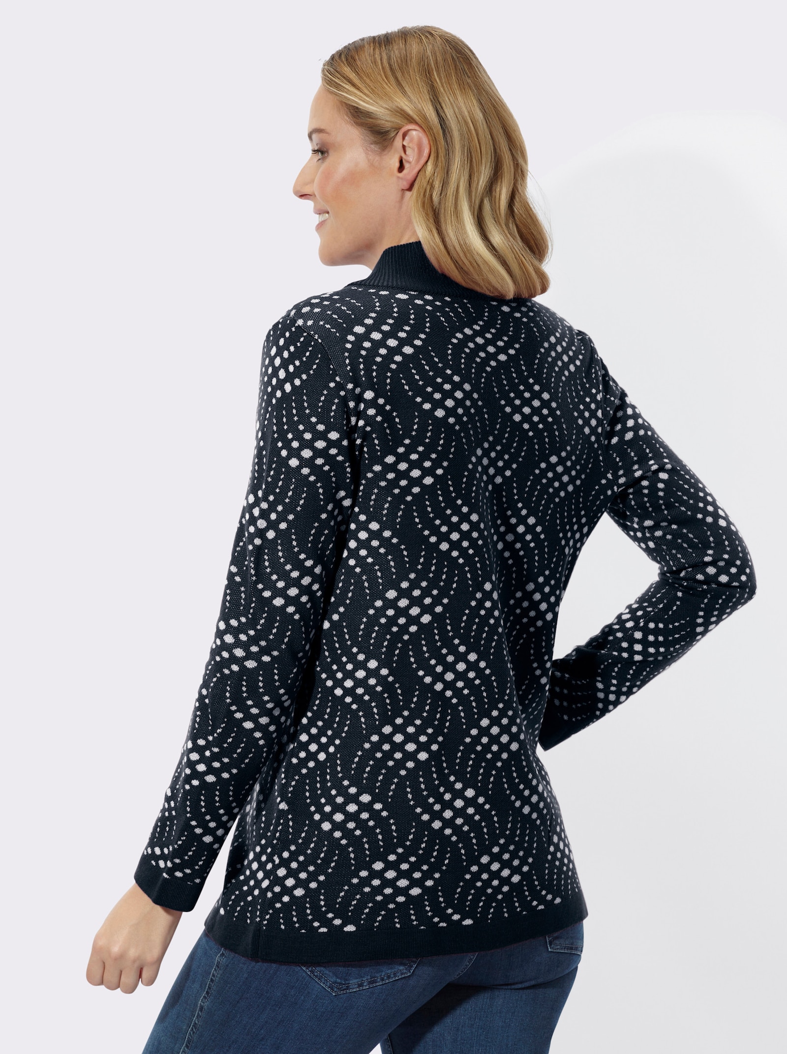 Jacquardstrickjacke mit zweifarbigem Muster - marine-ecru-gemustert