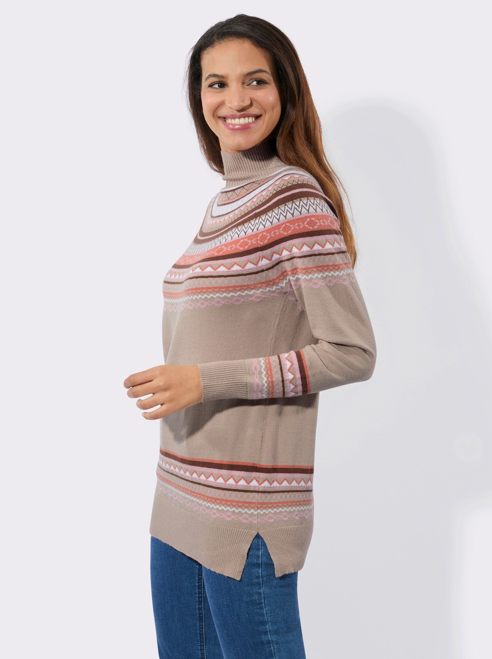 Jacquard-Pullover mit Seitenschlitzen - sesam-braun-gemustert