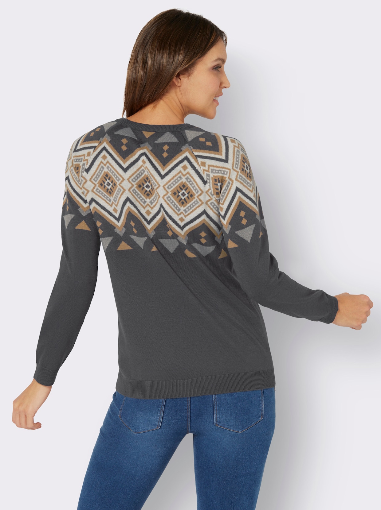 Pullover met ronde hals - antraciet/camel gedessineerd