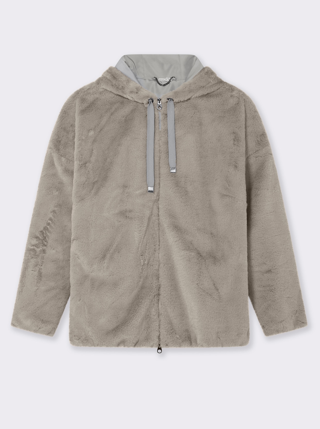 Fellimitatjacke mit Gummizug an Ärmeln und Saum - hellgrau