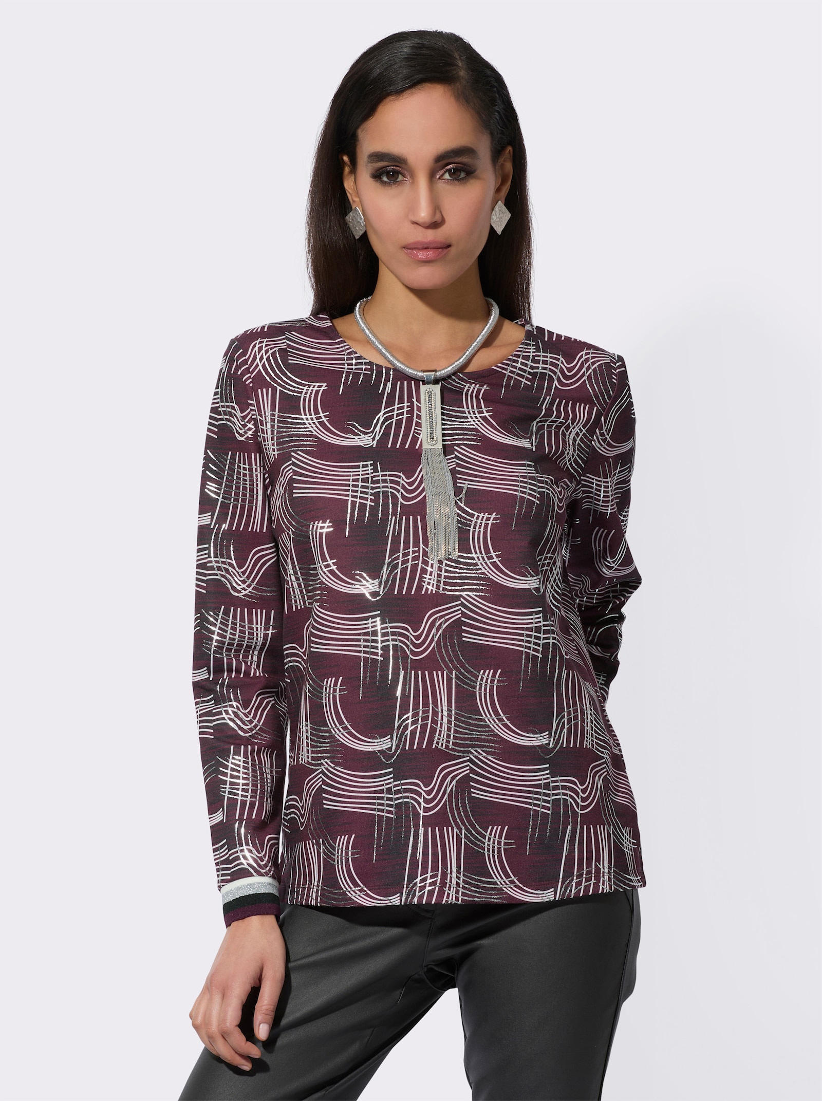 Shirt mit silberfarbigem Druck - burgund-ecru-gemustert