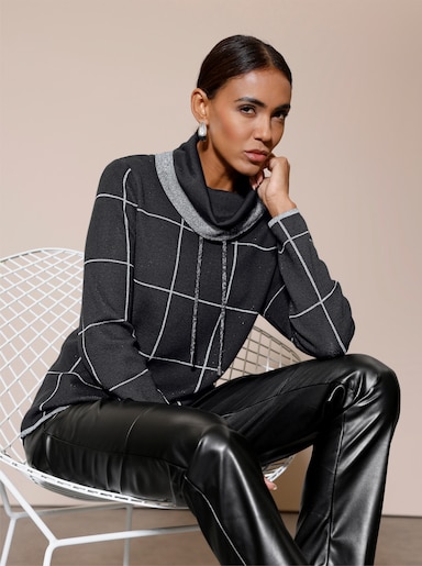 Jacquard-Pullover mit weitenregulierbarem Rollkragen - schwarz-silberfarben