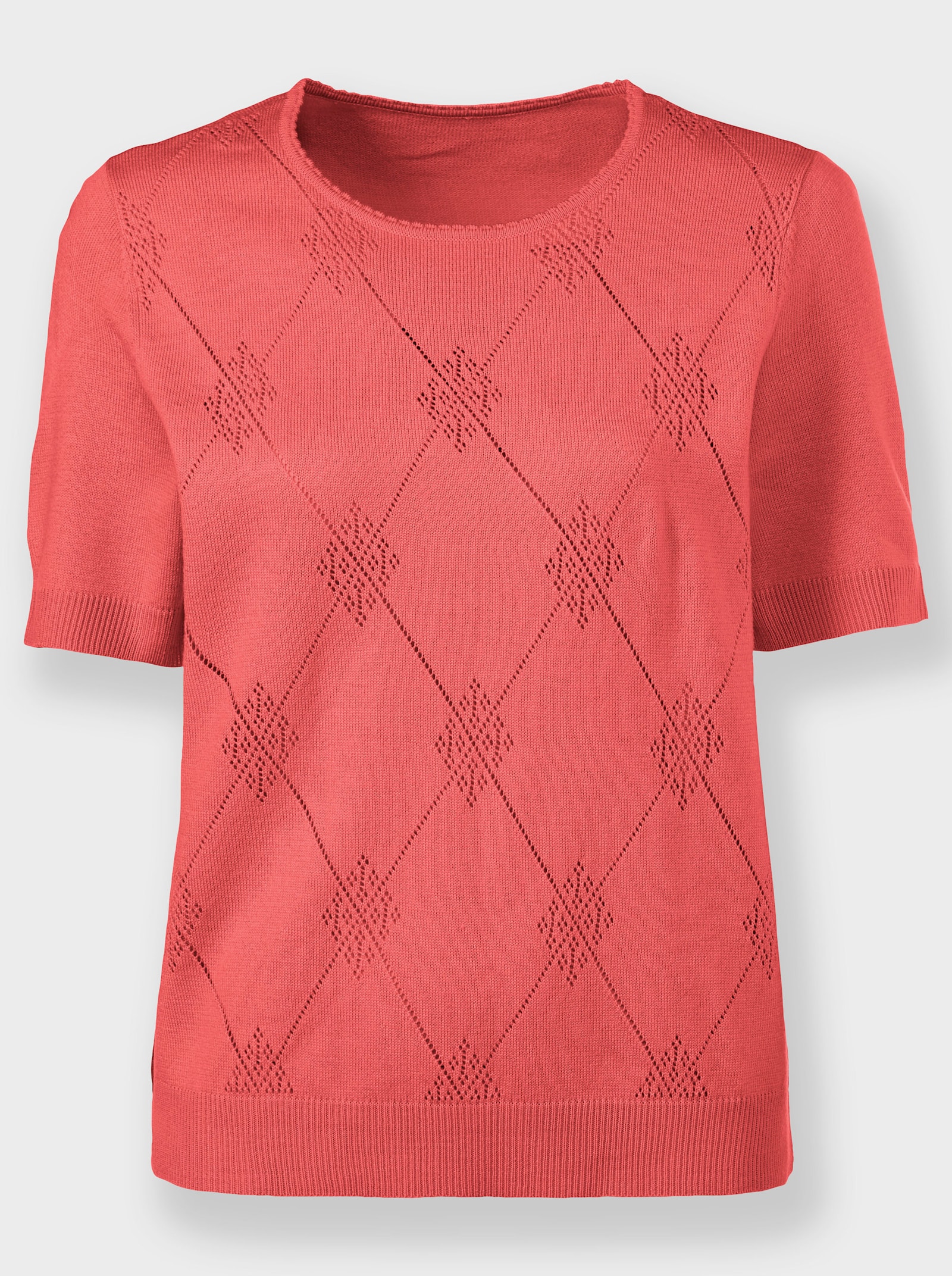 Pullover met ronde hals, achter glad gebreid - koraal