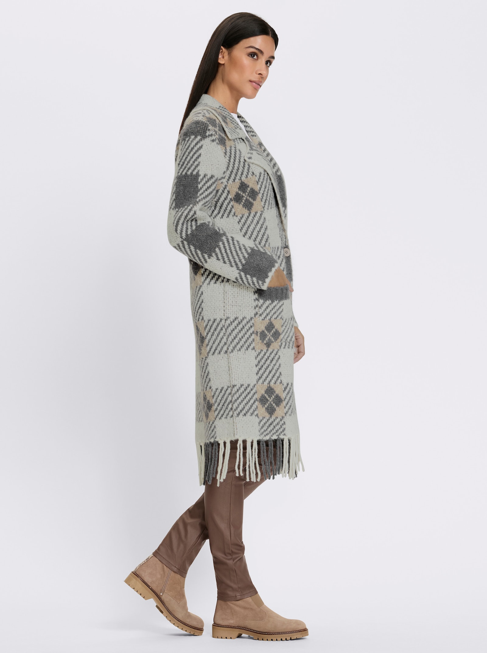 heine Jacquardstrickjacke mit Fransen - ecru-sesam-gemustert