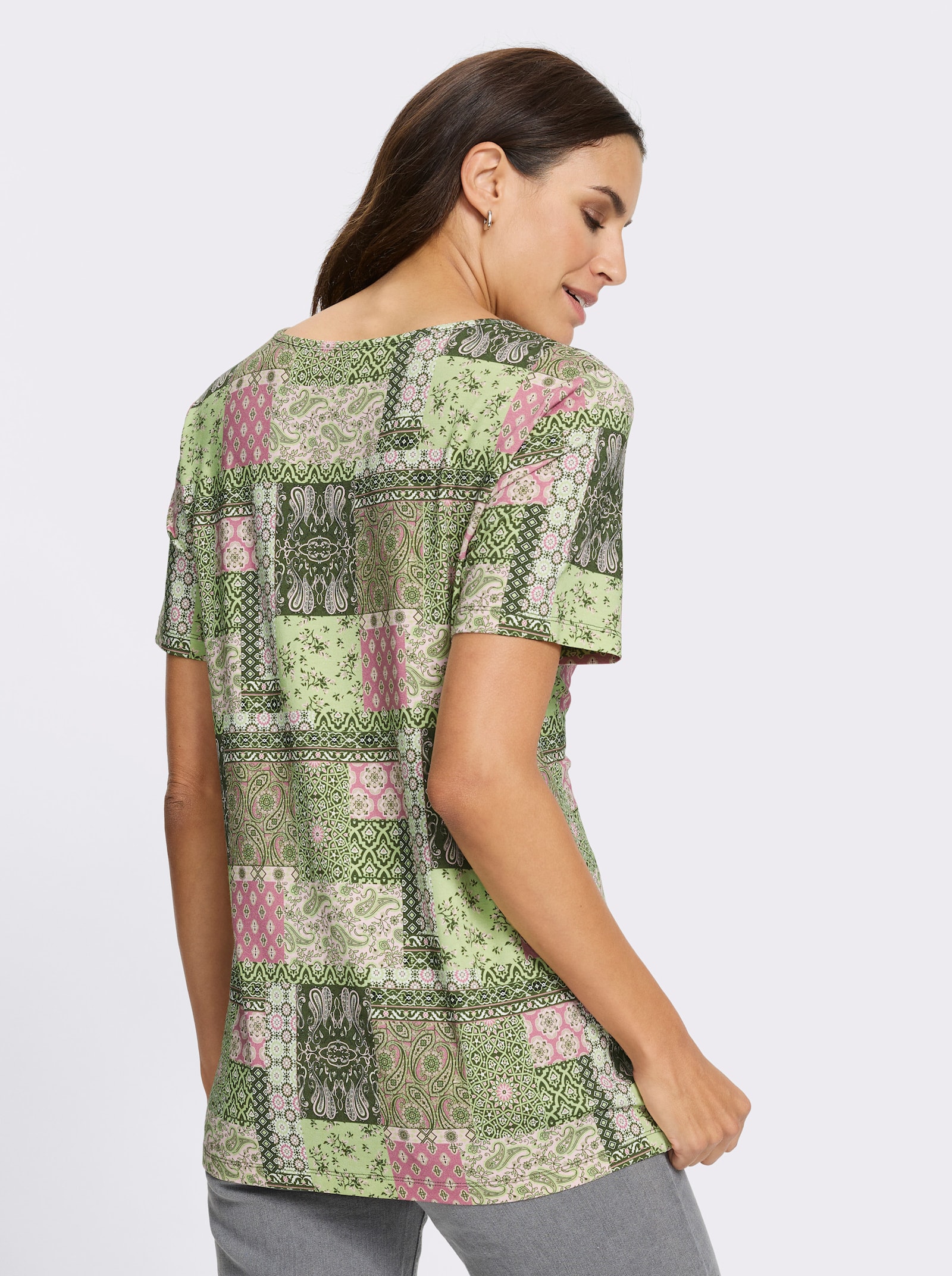 Tunikashirt mit Tropfen-Ausschnitt - altrosa-oliv-bedruckt