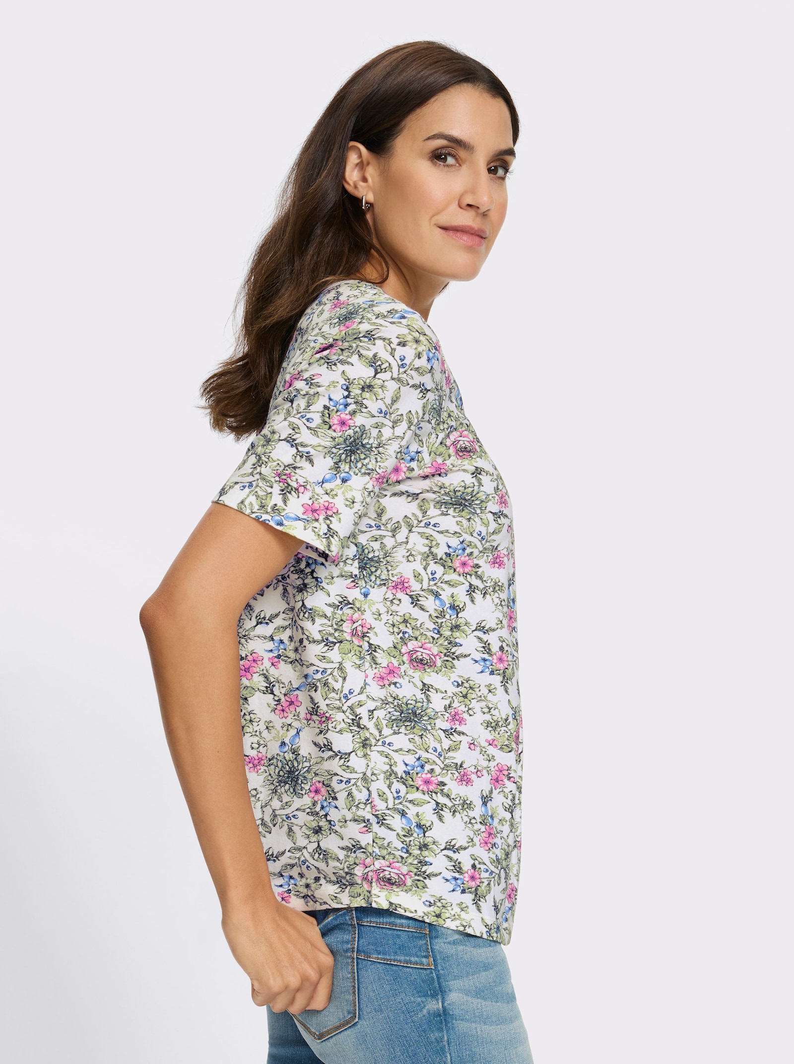 Topp med tryck i utställd modell - ecru-khaki, med tryck