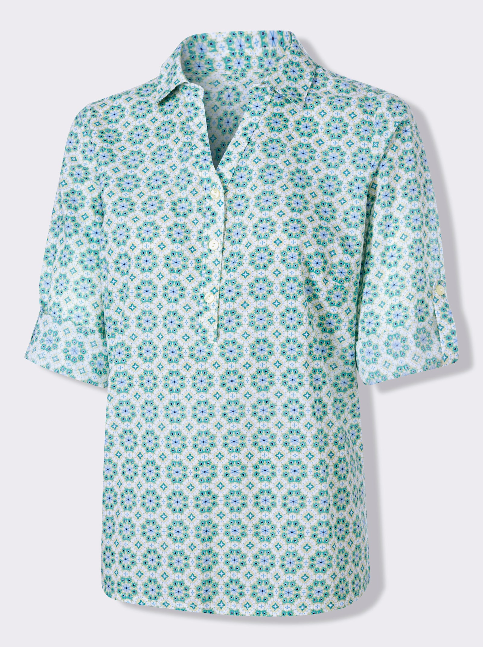 Druckbluse Falte hinten - weiss-pistazie-bedruckt