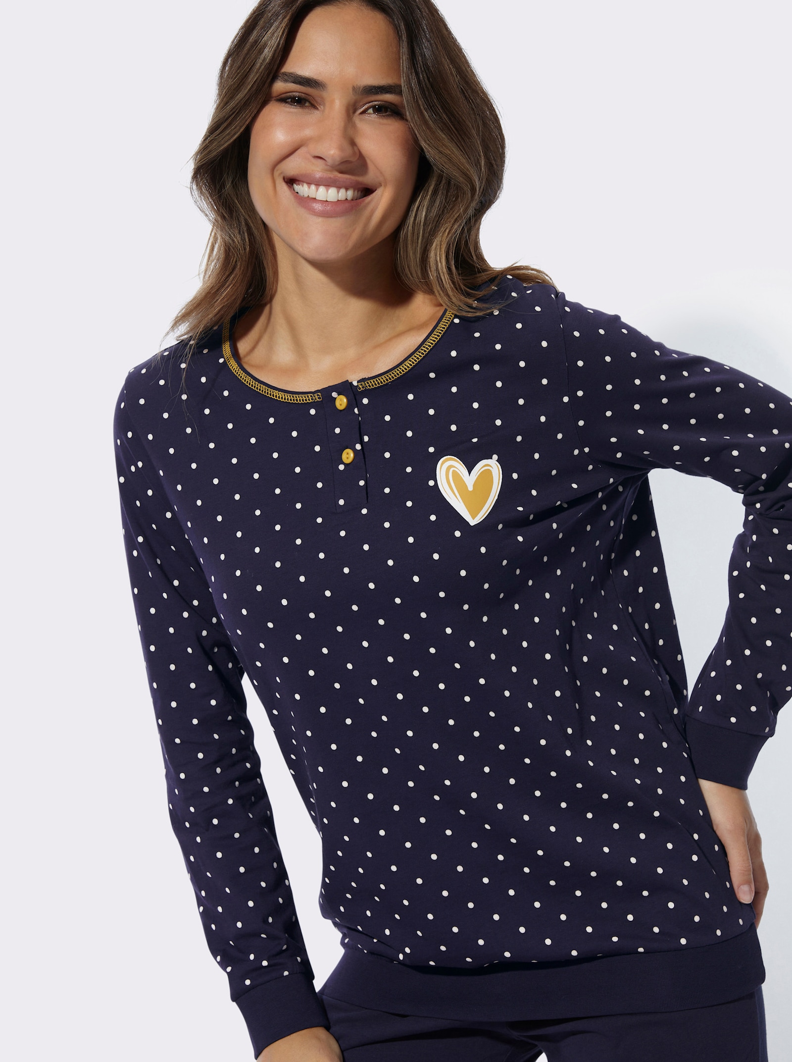 Schlafanzug in kontrastreicher Verarbeitung - marine-ecru-bedruckt