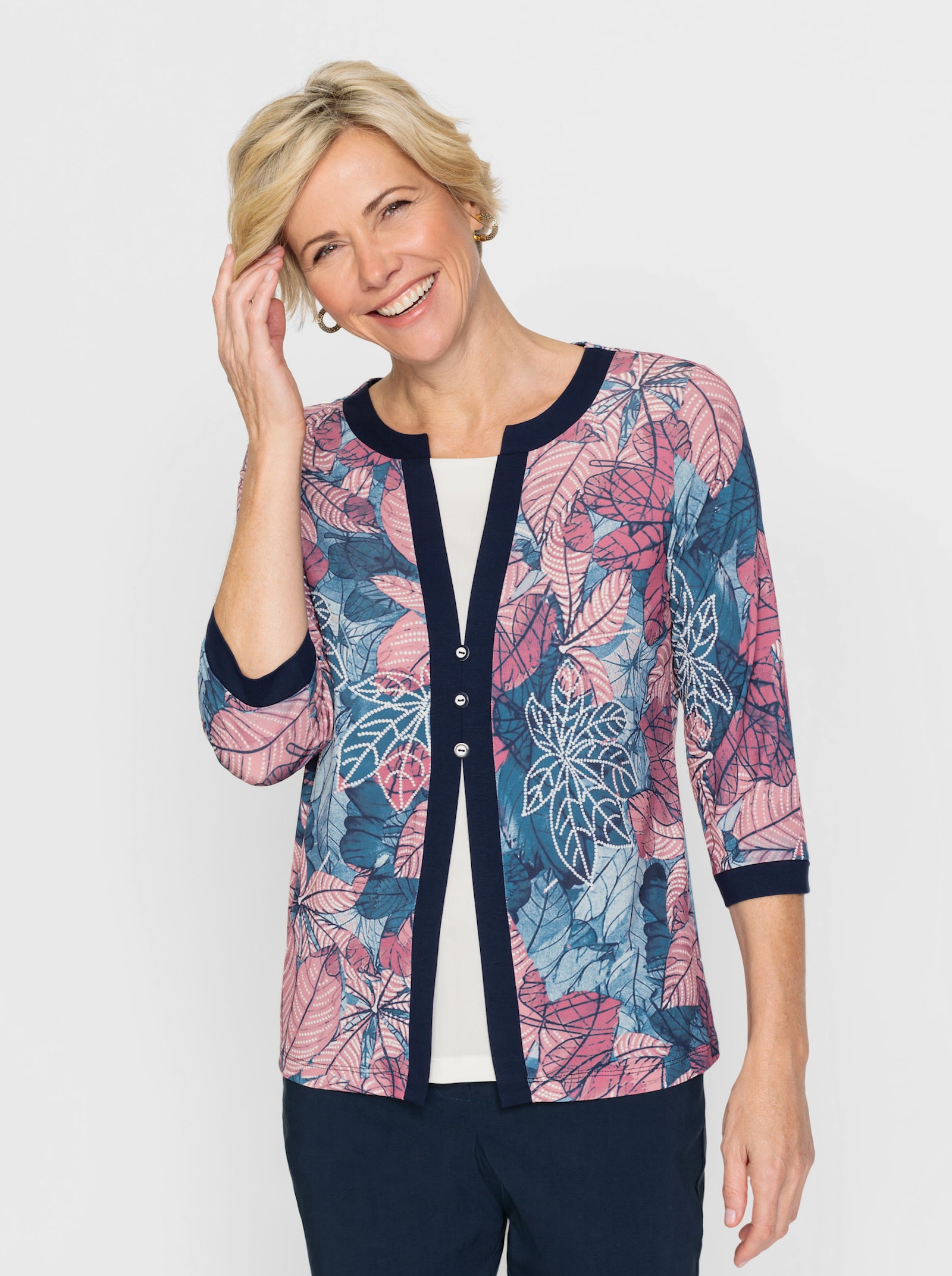 2-in-1-Shirt mit Schmuckknöpfen - jeansblau-altrosa-bedruckt