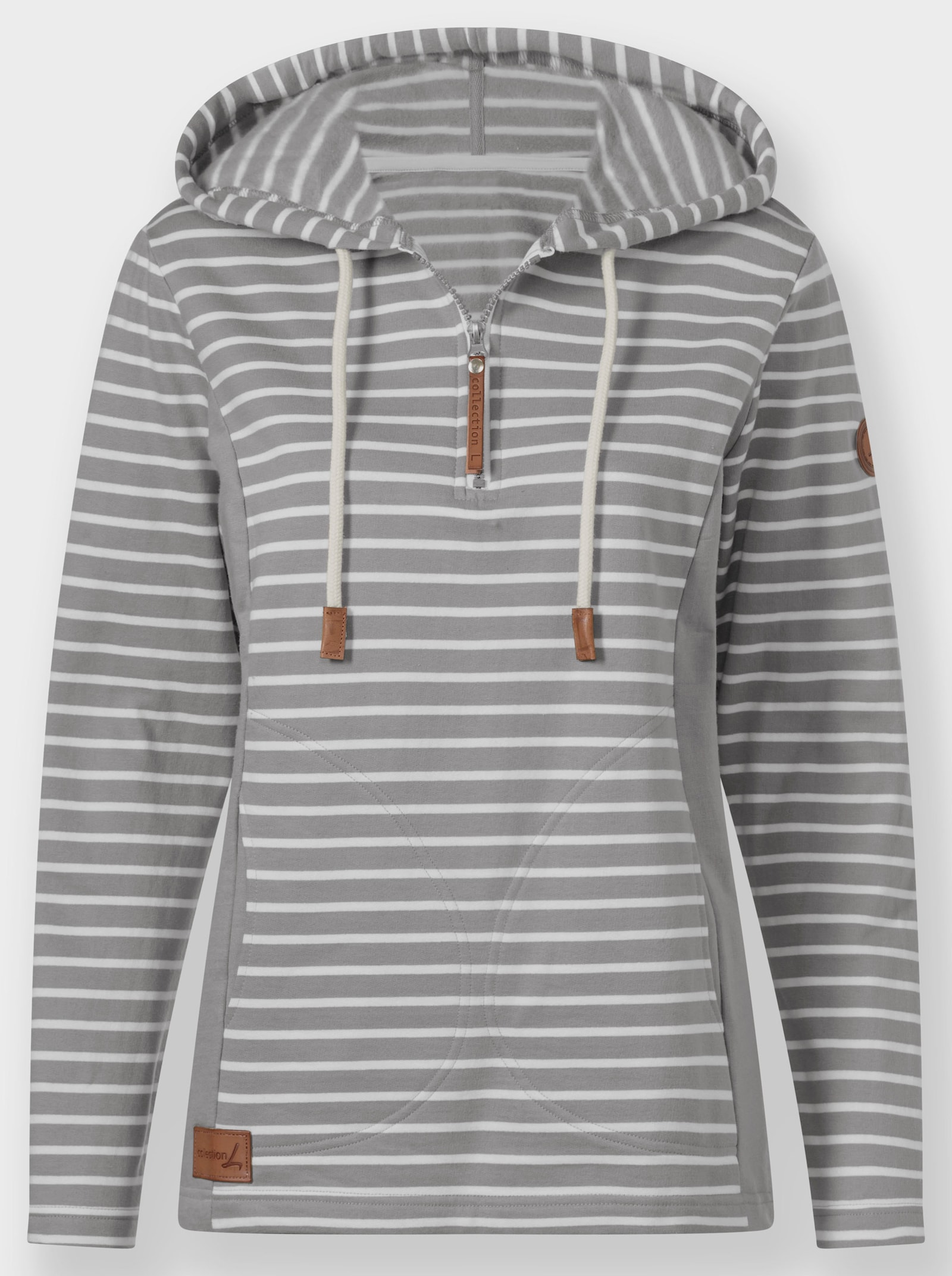 Kapuzensweatshirt mit 2 Nahttaschen - steingrau-ecru-geringelt