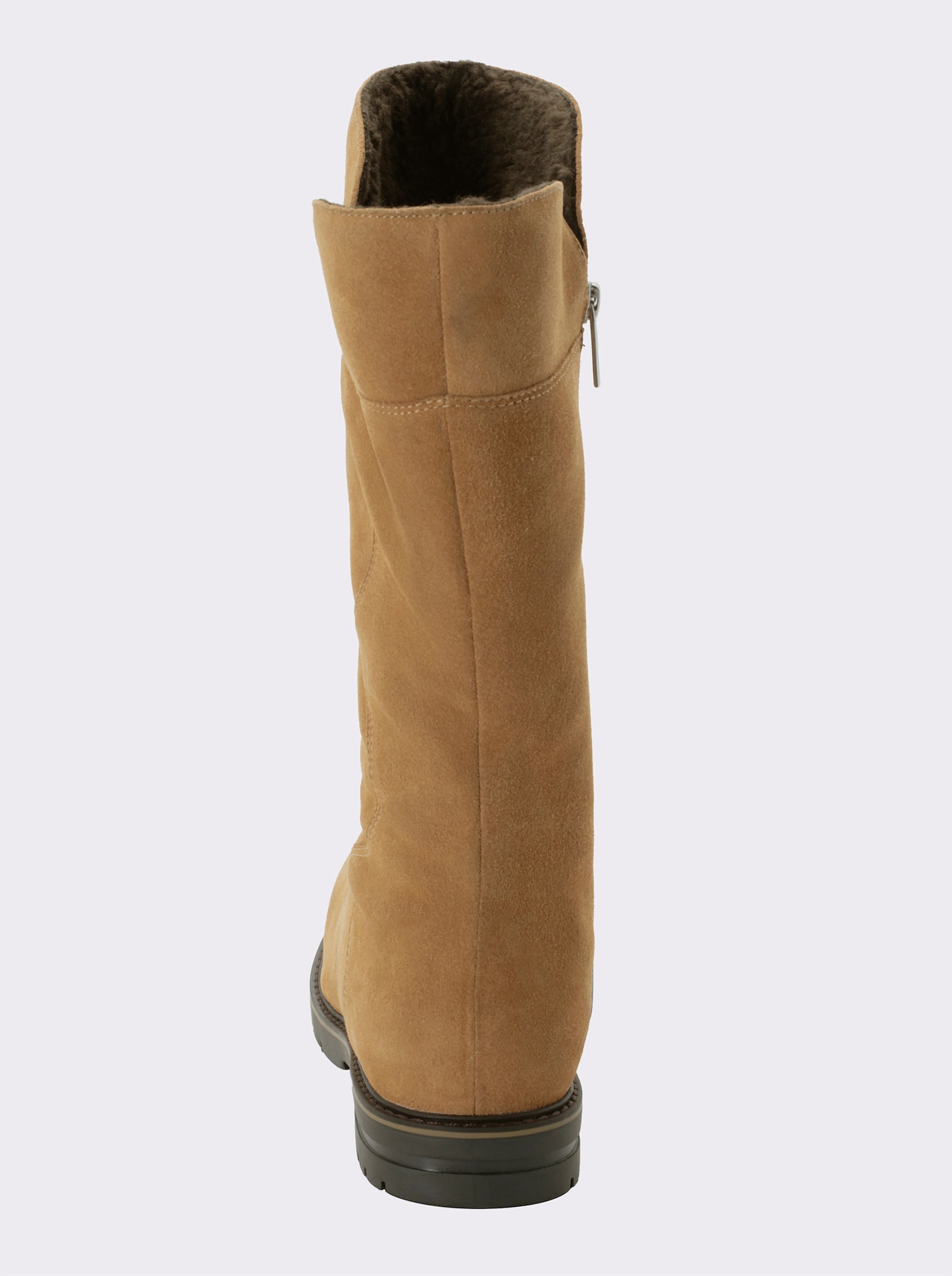 sheego Weitschaftstiefel aus Veloursleder, mit Teddyfutter - cognac