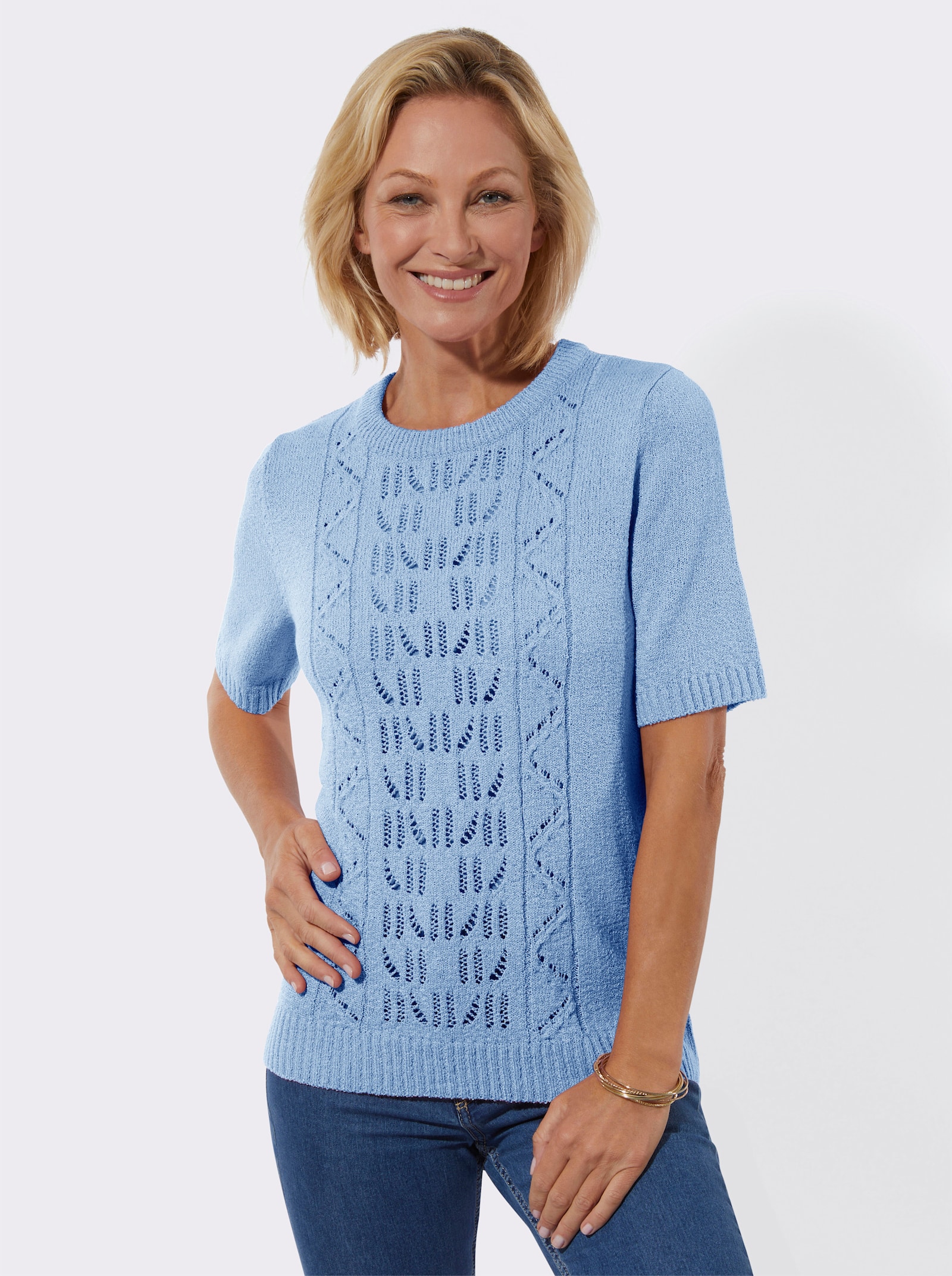 Ajourpullover in Bouclé-Qualität - himmelblau