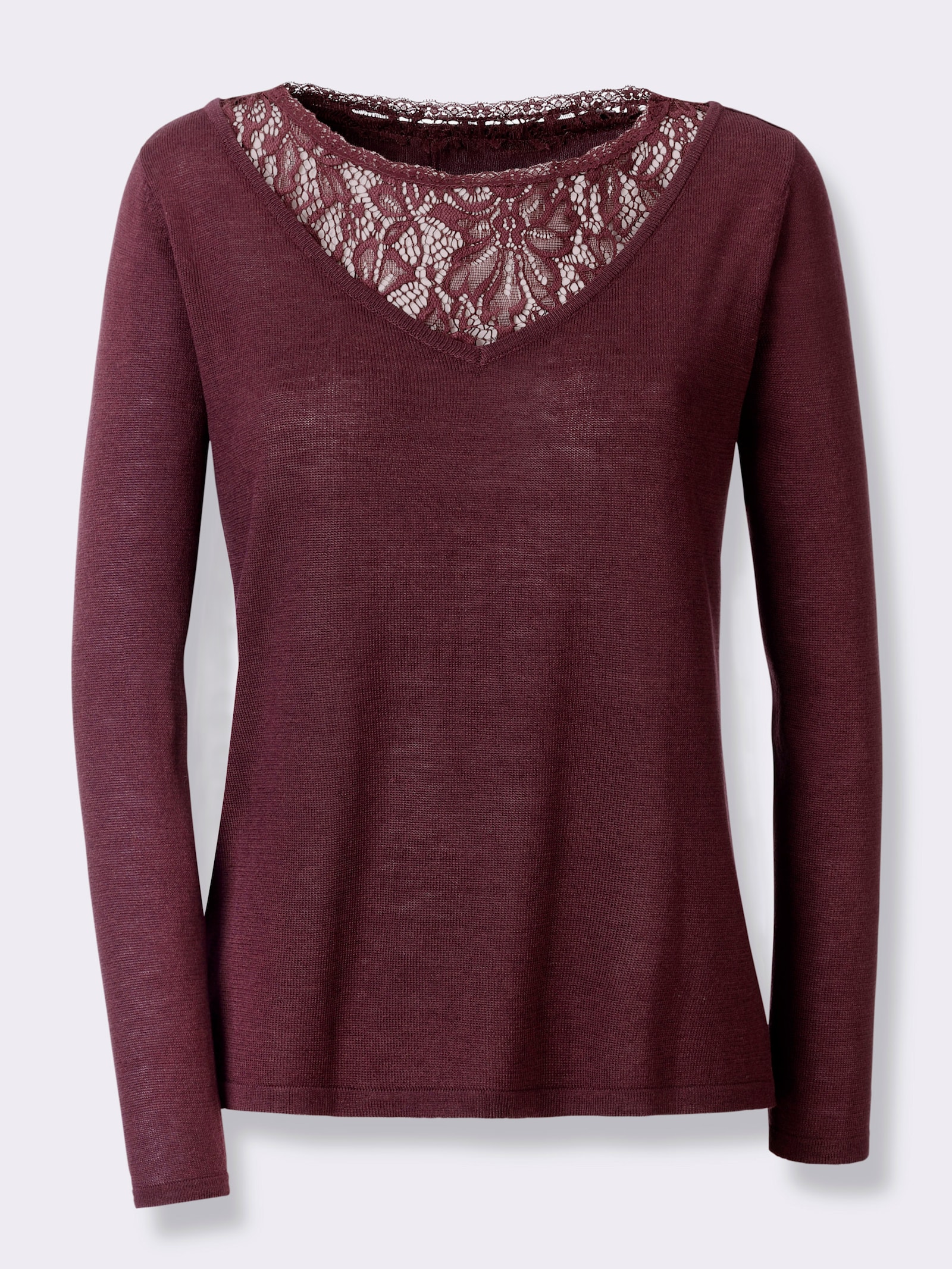 Feinstrickpullover mit Spitzeneinsatz - burgund
