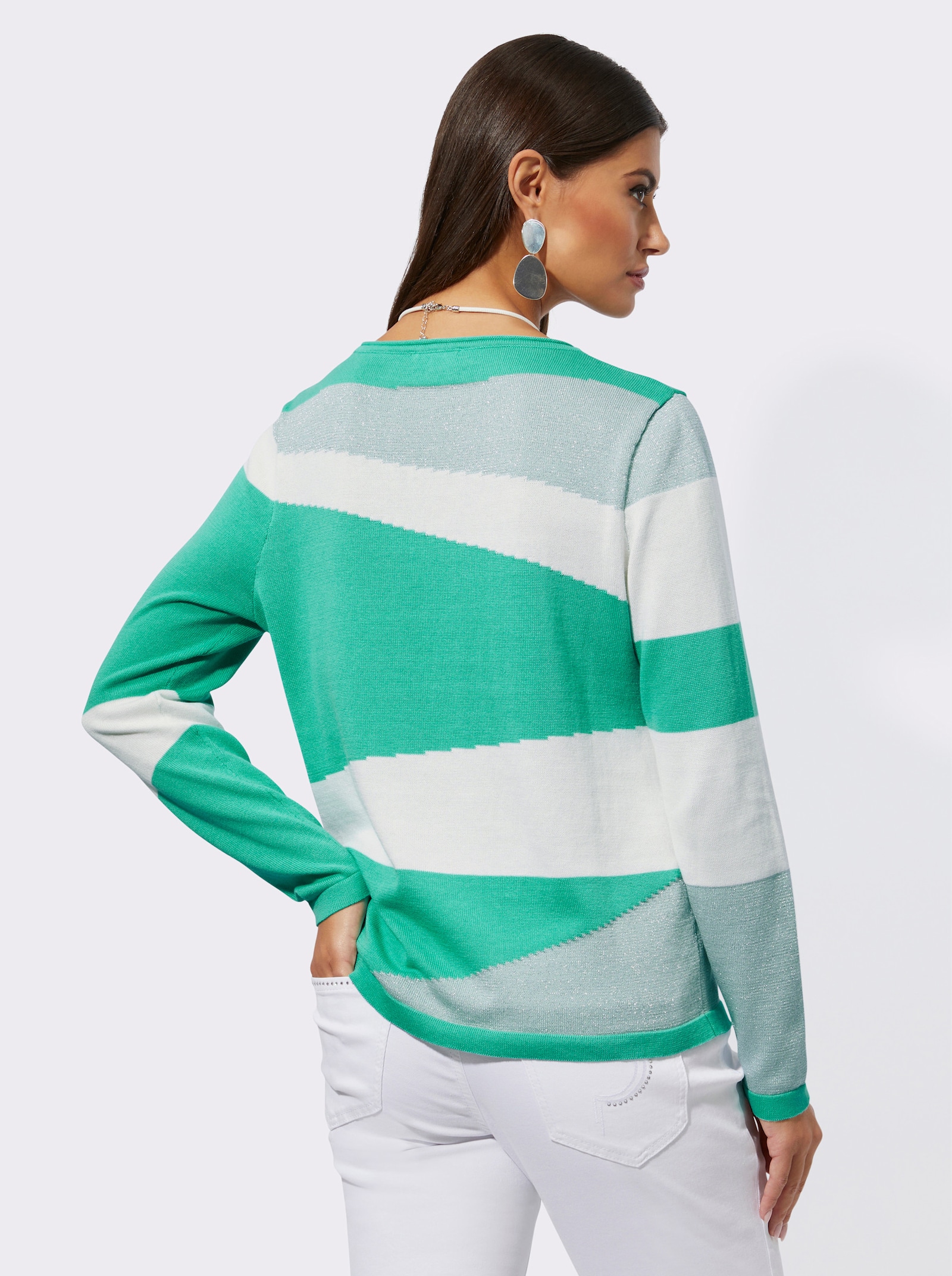 Langarm-Pullover mit Glitzergarn - ecru-blaugrün-gemustert