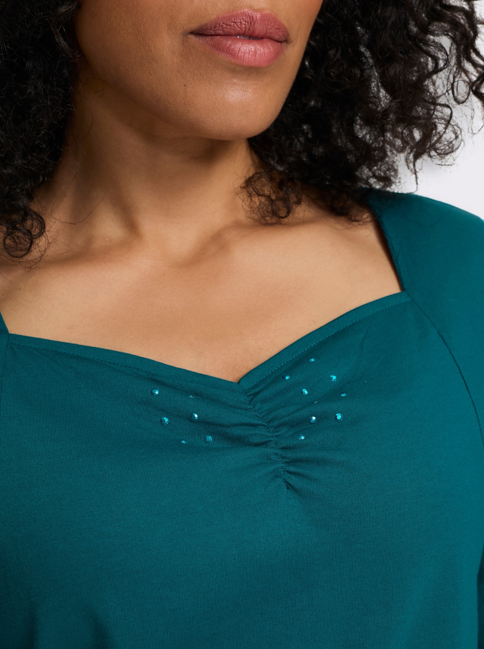 3/4-Arm-Shirt mit Herz-Ausschnitt, Baumwolle - aquapetrol