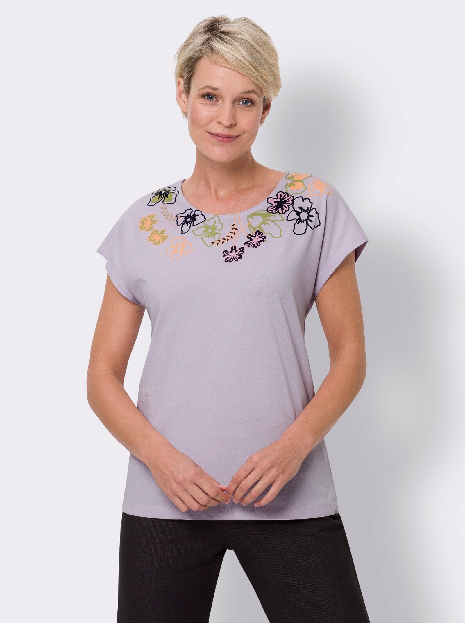 Kortärmad topp med blommönster - syren-lindgrön-med tryck