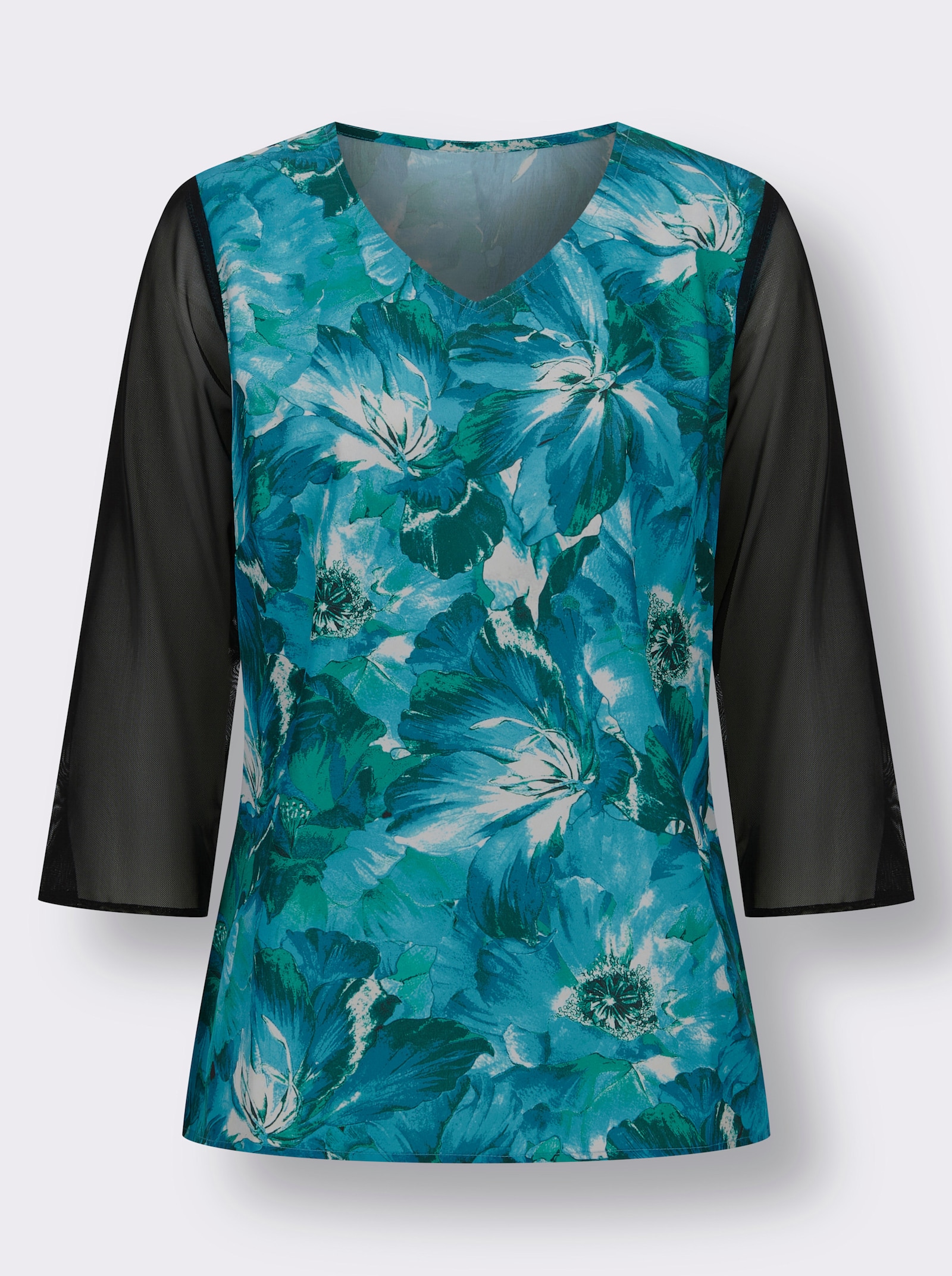 Navlékací halenka s lehce průhlednými 3/4 rukávy - černá-topasová-potisk