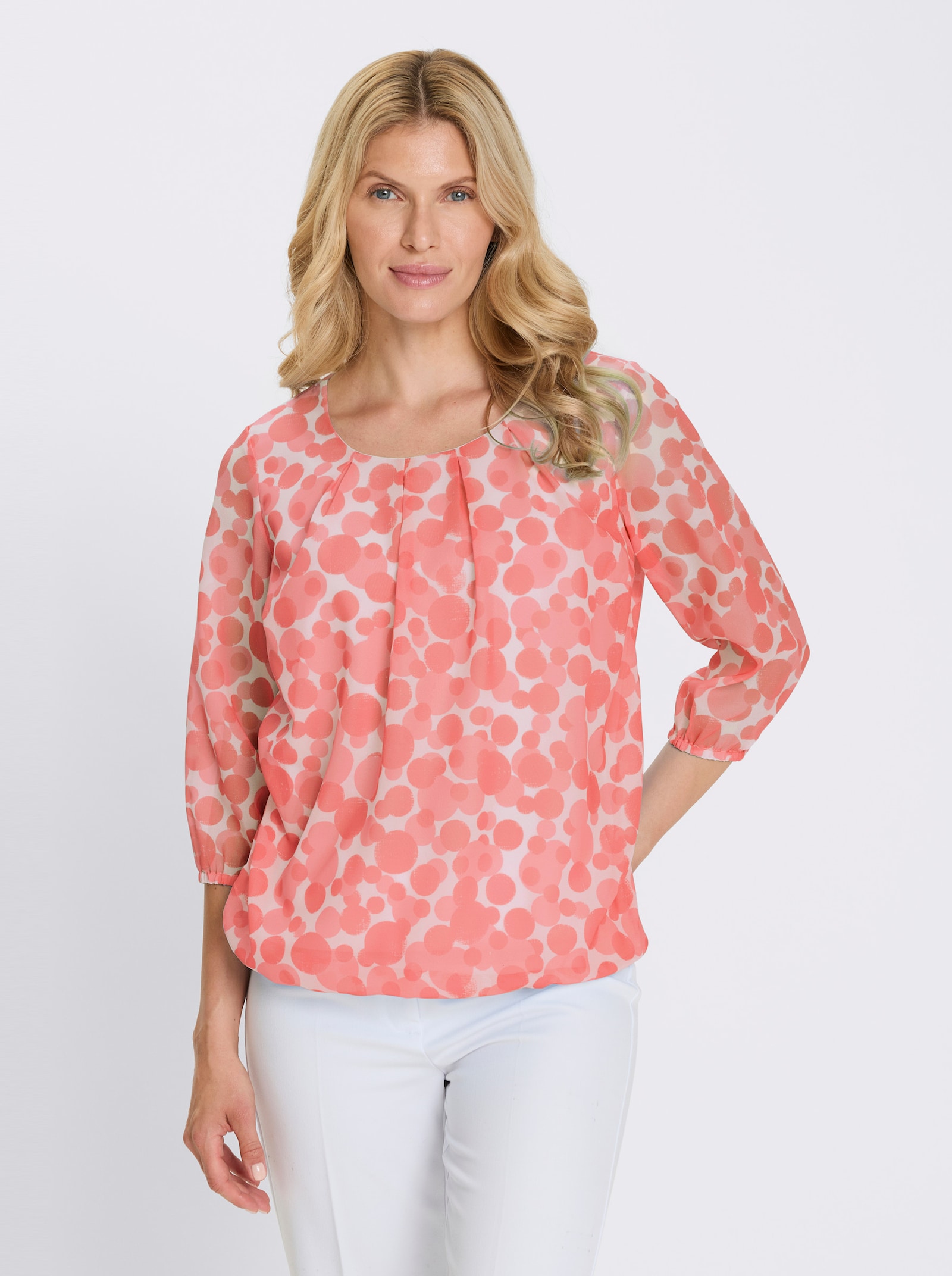 Bekväm blus i prickigt mönster - ecru-grapefrukt, med tryck