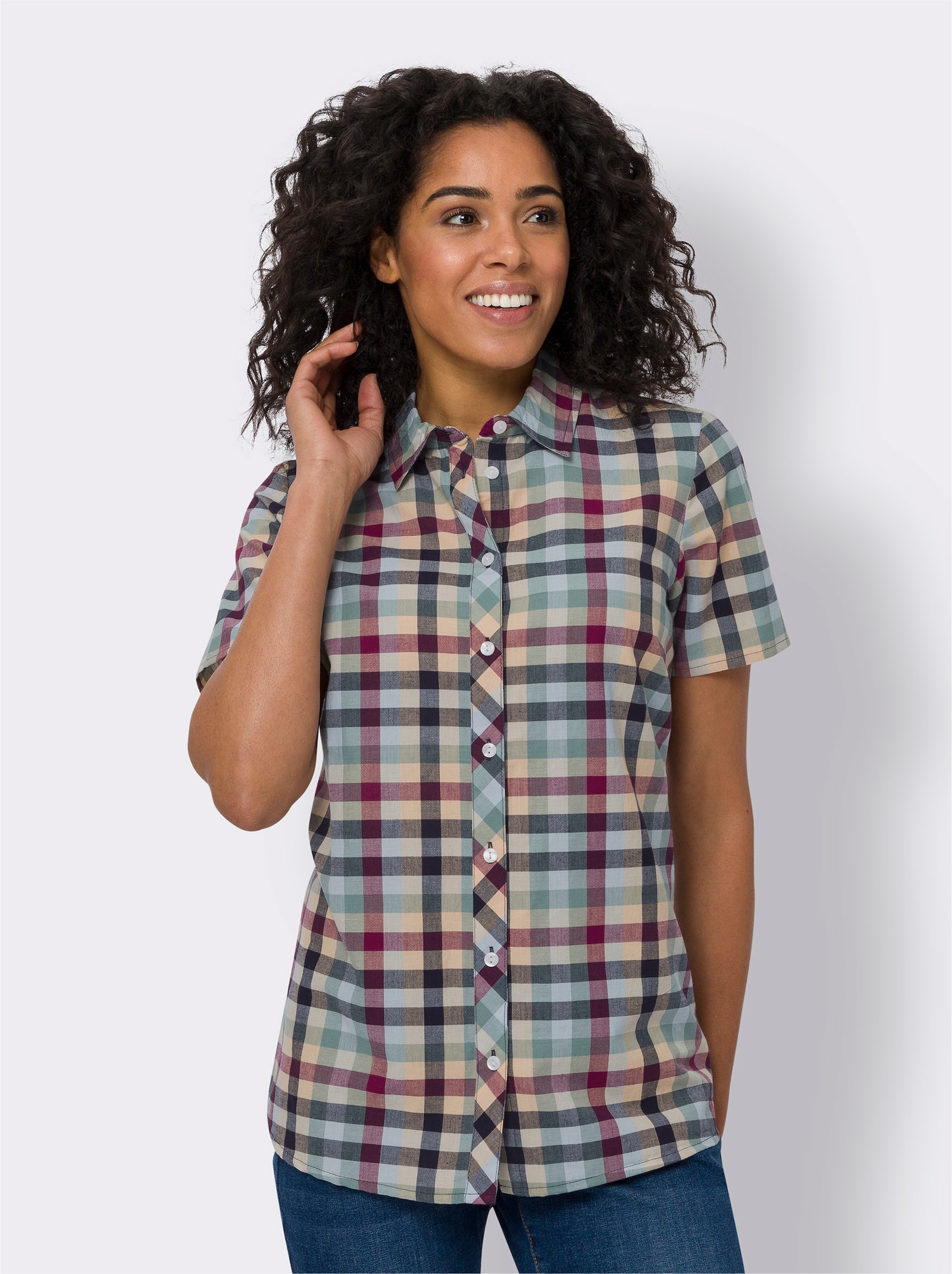 Kostkovaná halenka z bavlněného materiálu - meruňková-námořnická modrá-kostka