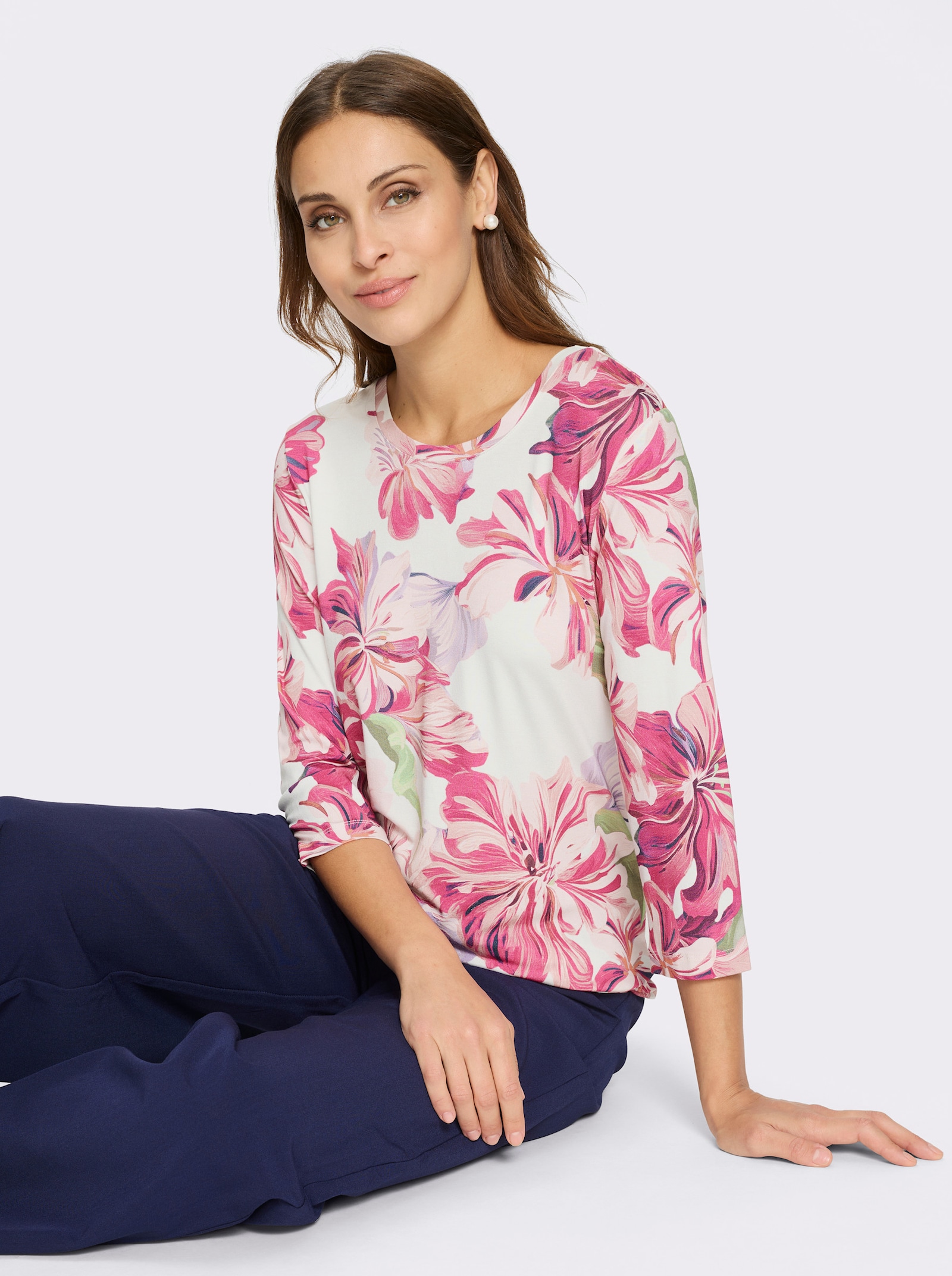 Print-Shirt mit 3/4-Ärmeln - ecru-magenta-bedruckt