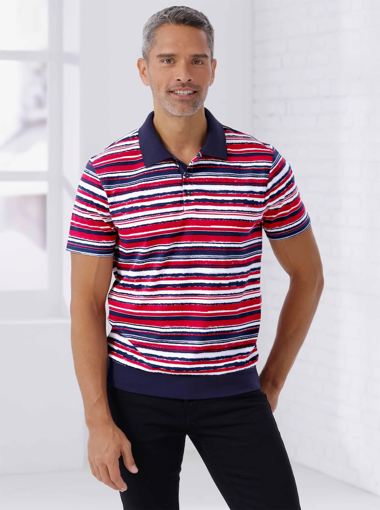 Kurzarm-Poloshirt - marine-rot-bedruckt