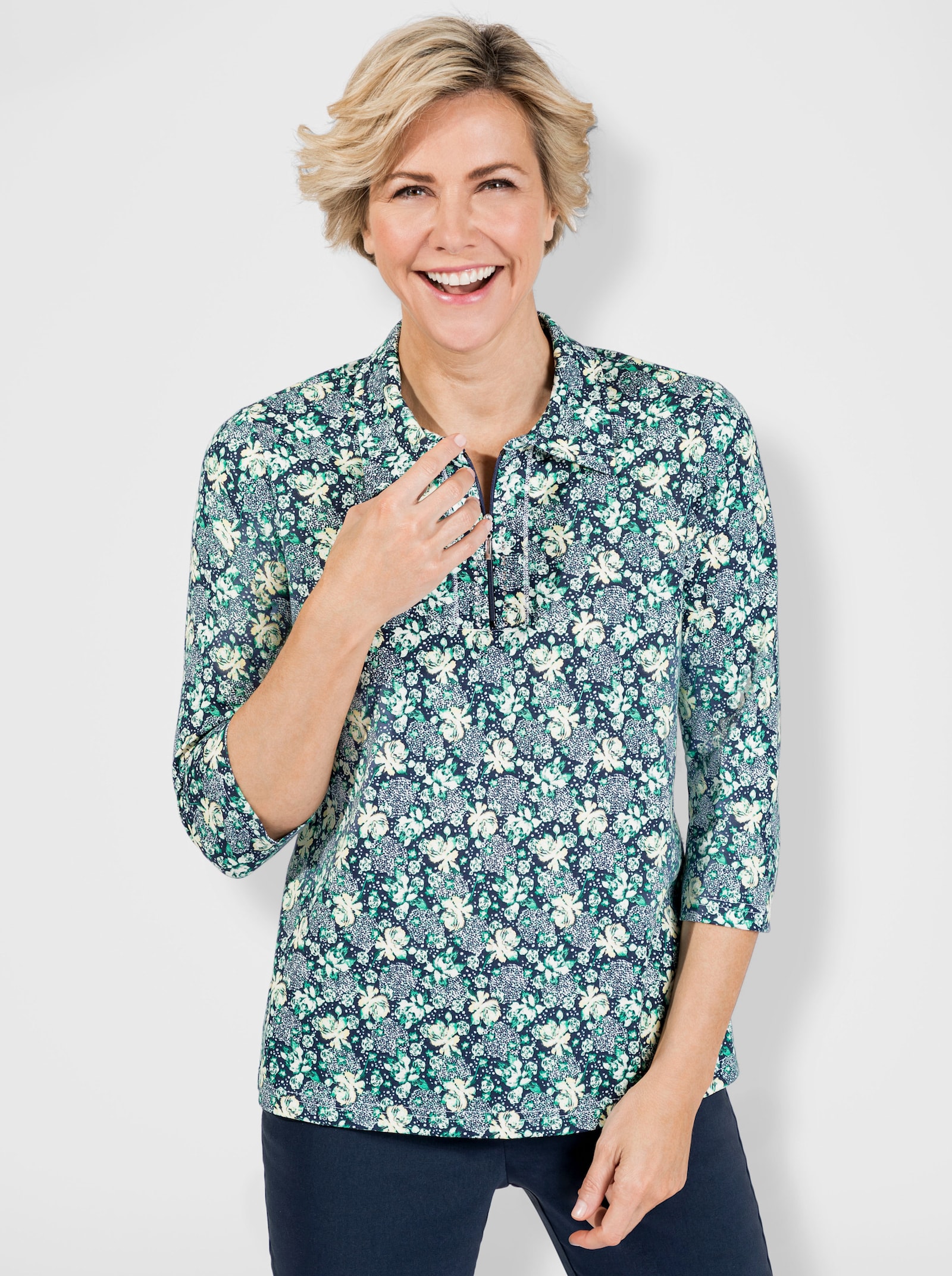 Poloshirt mit Glitzersteinchen - marine-zitrone-bedruckt