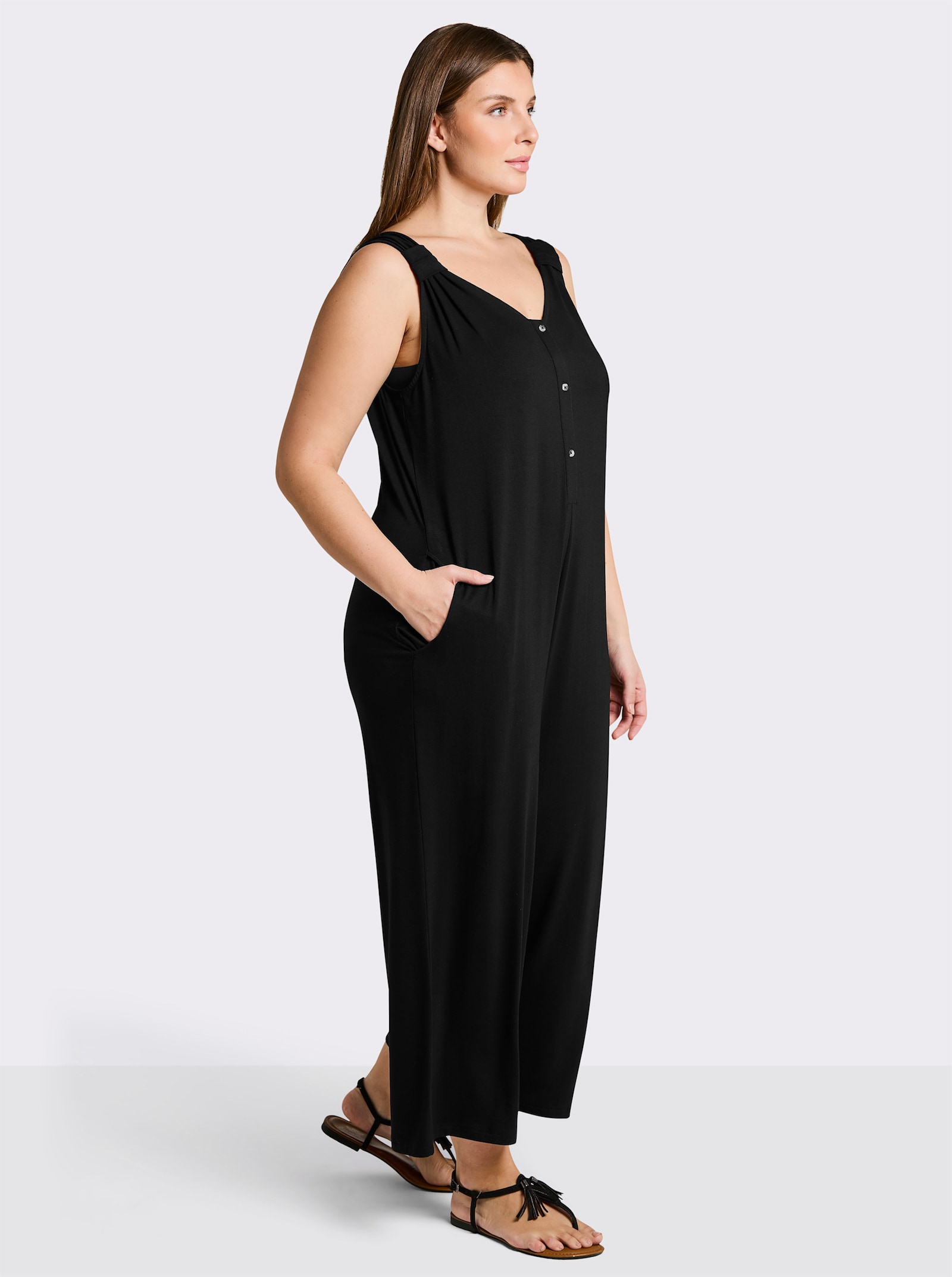 sheego Jumpsuit met korte knoopsluiting - zwart