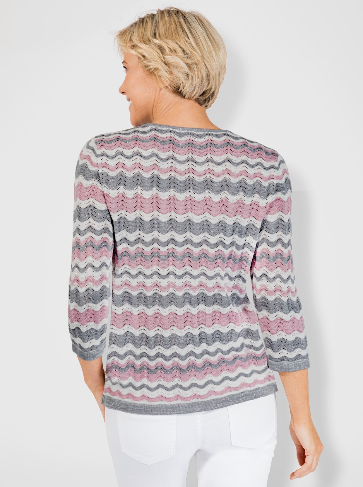 3/4 Arm-Pullover - rosé-steingrau-geringelt