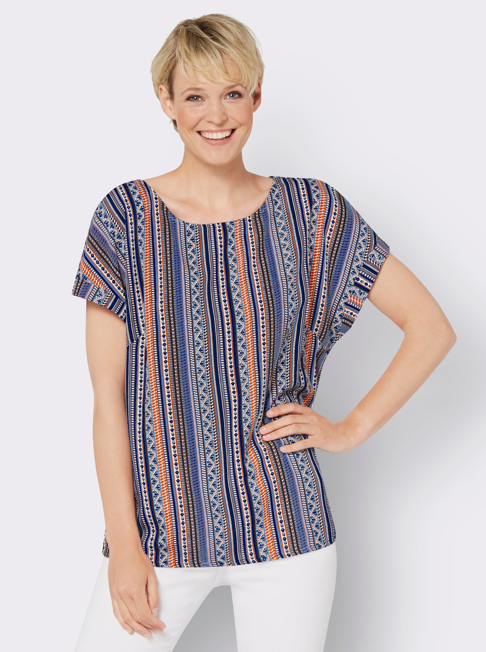 Comfortblouse in etnodessin - aqua/oranje gestreept