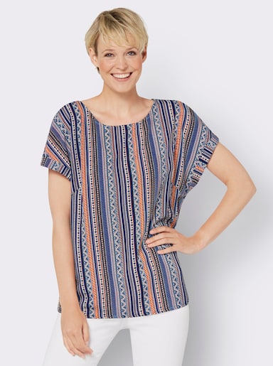 Schlupfbluse im Ethno-Dessin - aqua-orange-gestreift