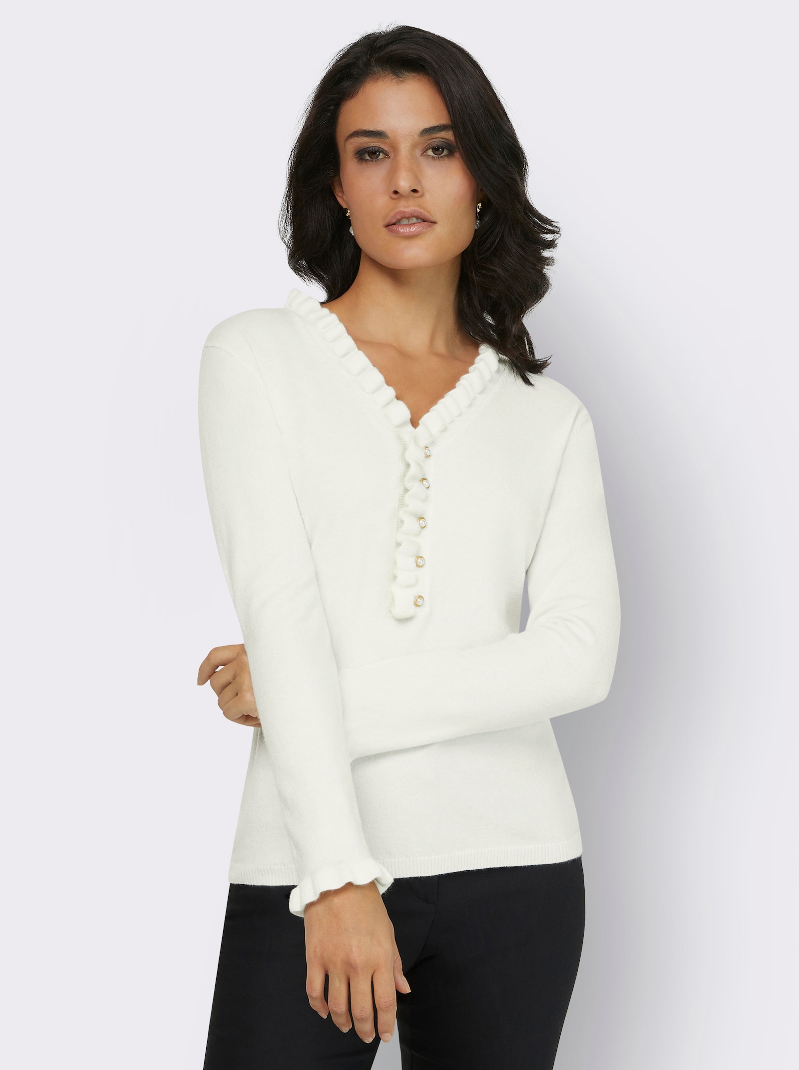 Langarm-Pullover mit Rüschen-Verzierung - ecru