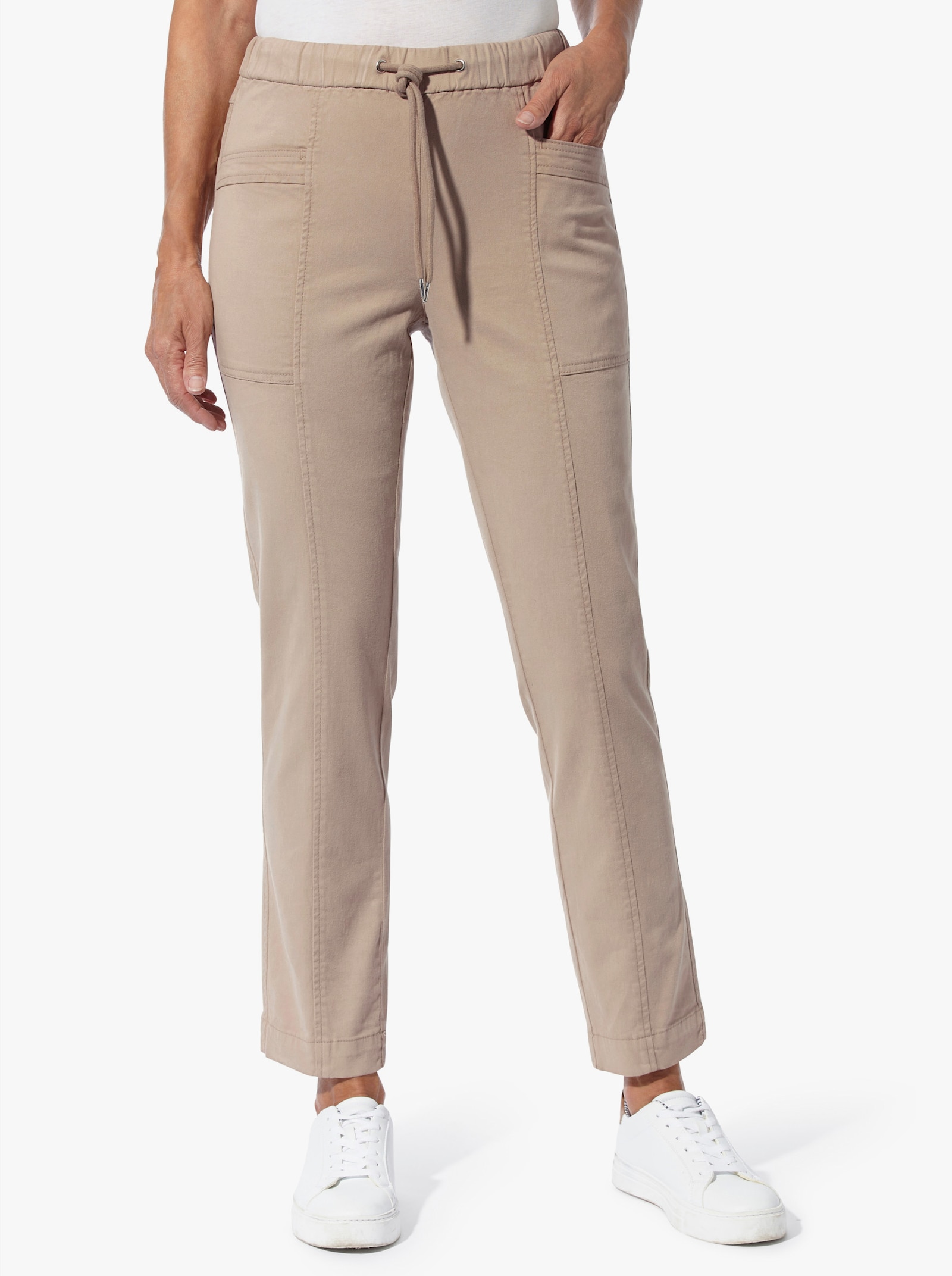 Džínsy na gumu s našitými vreckami - sezamová