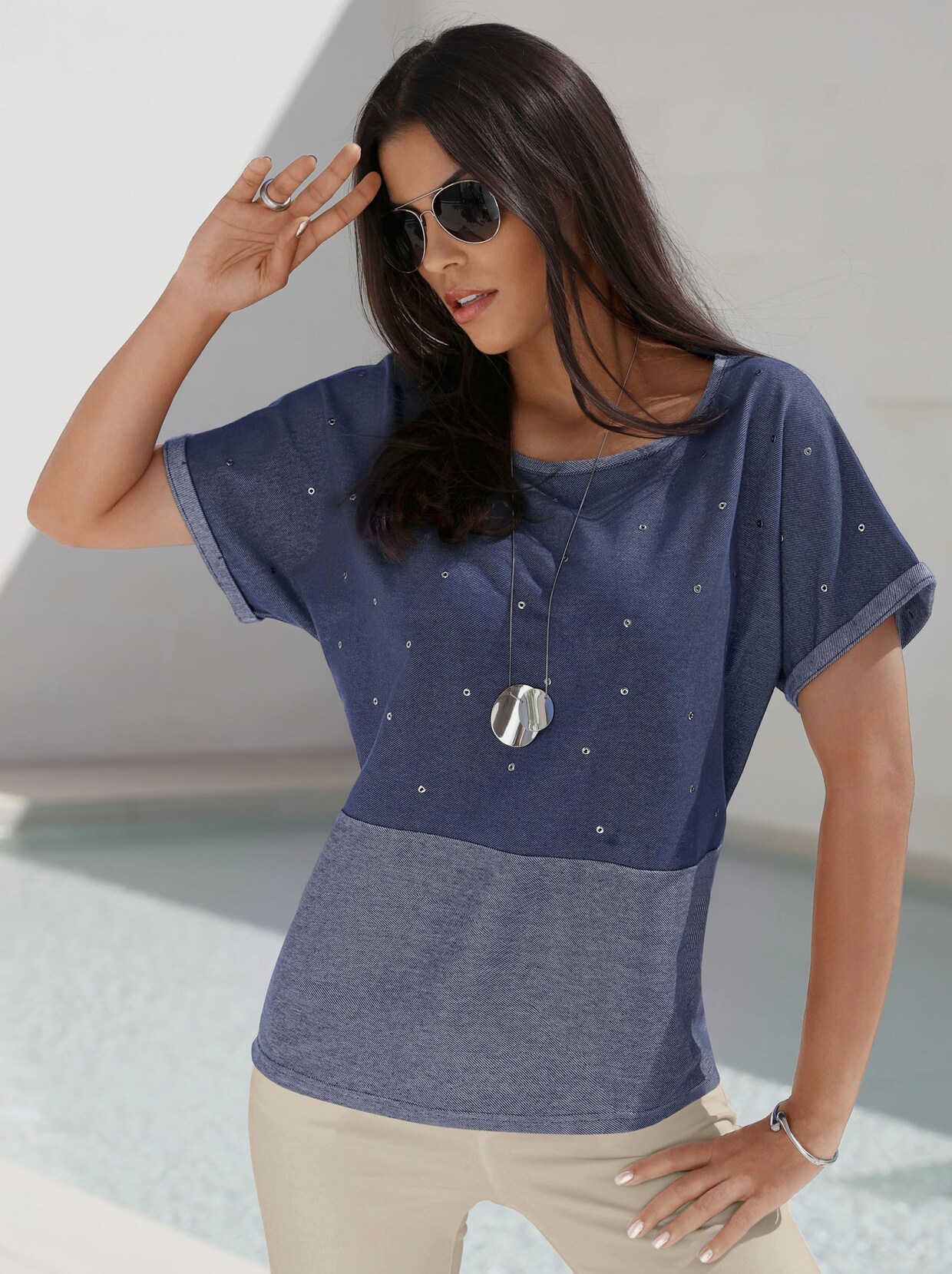 Rundhalsshirt - jeansblau