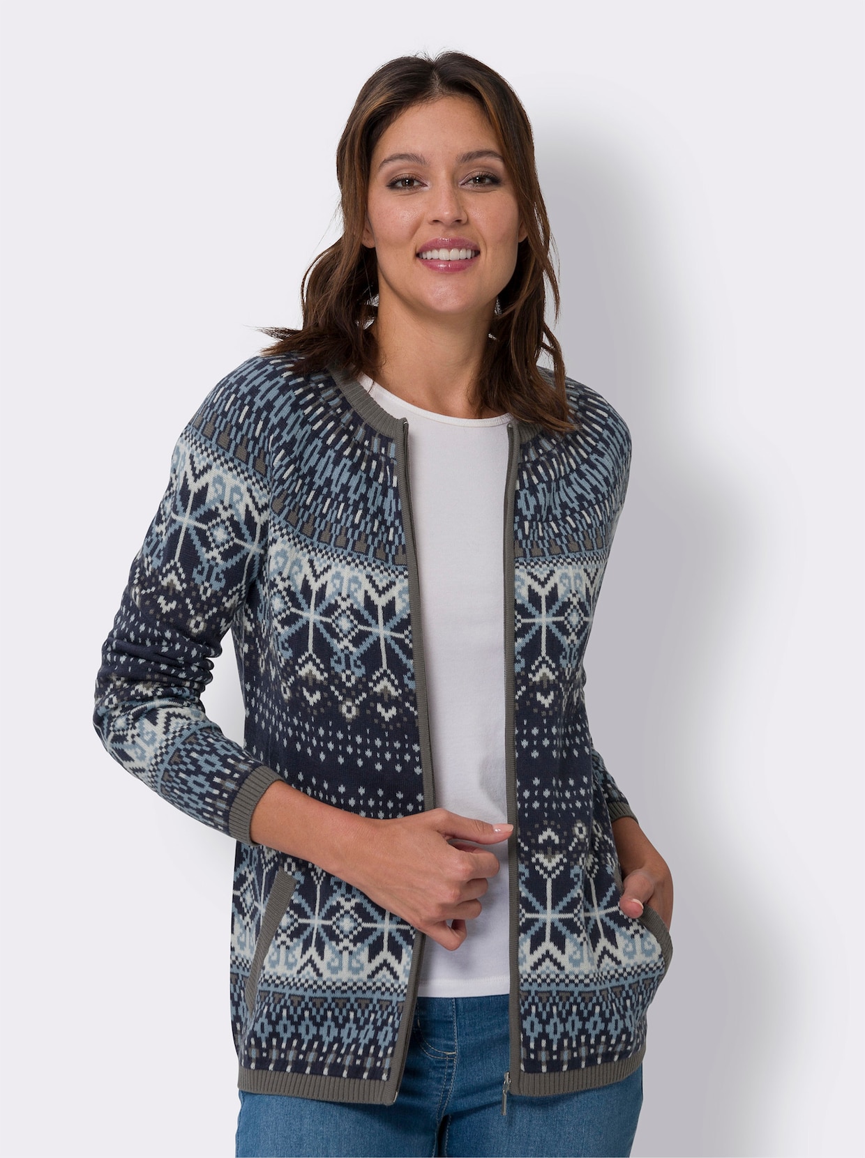 Jacquardstrickjacke - marine-bleu-gemustert