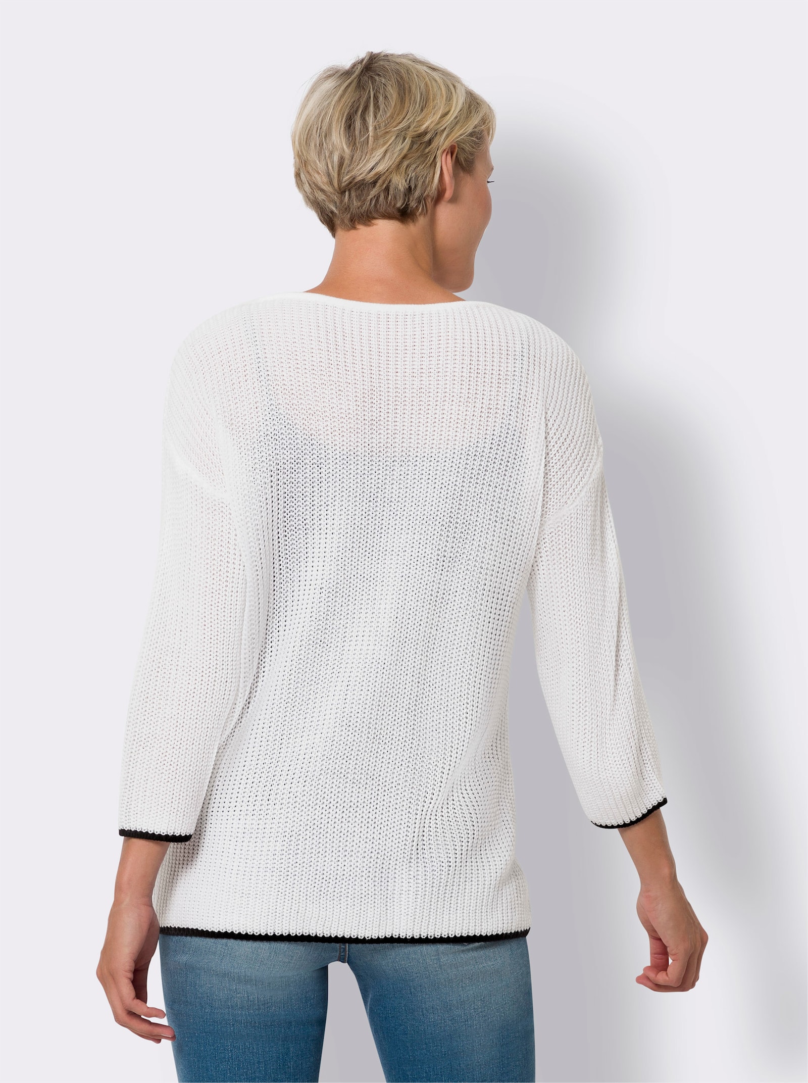 Langarm-Pullover mit farbigen Kanten - weiss