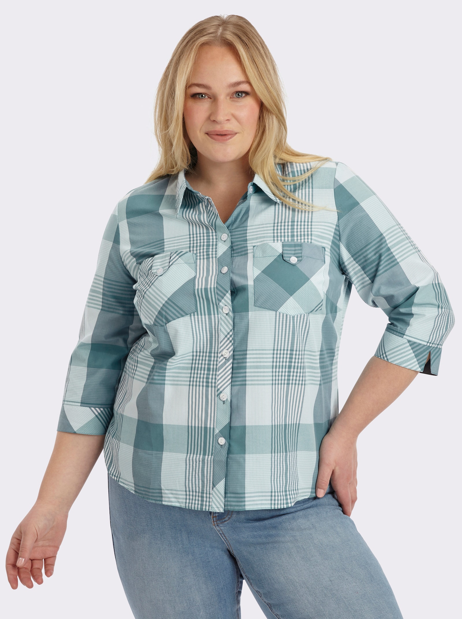 Karobluse mit aufgesetzten Brusttaschen - ozean-weiß-kariert