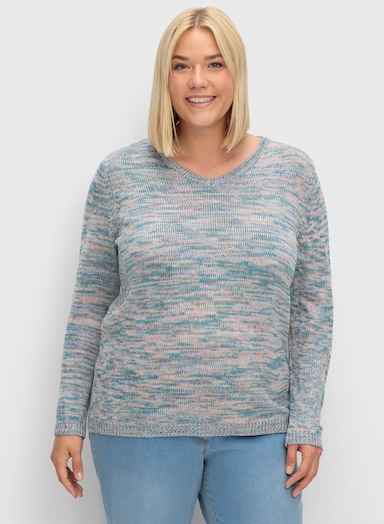 Langarm-Pullover aus Melange-Garn - mittelblau-flamingo-meliert
