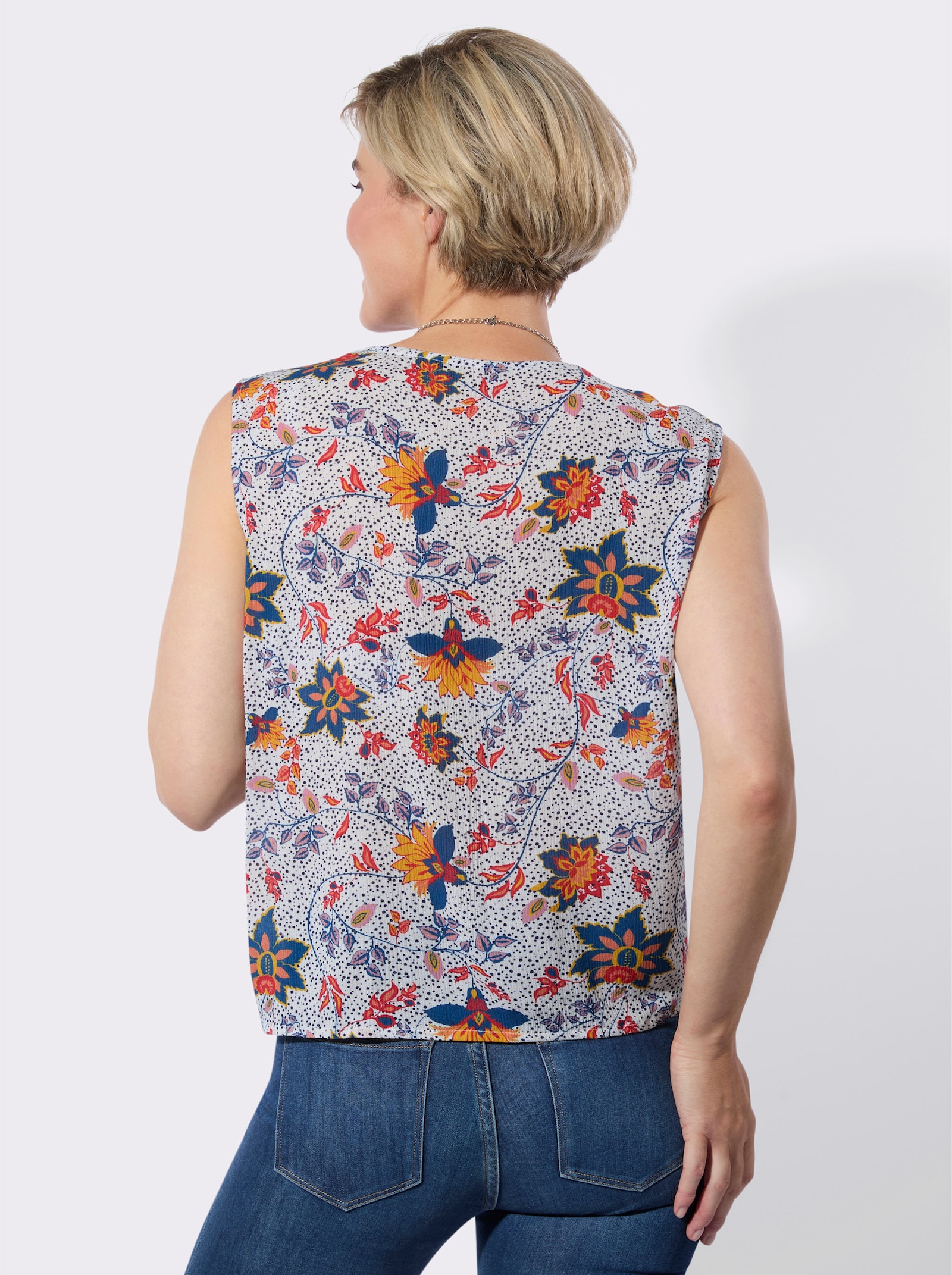 Blusentop mit imitierter Knopfleiste - weiß-erdbeere-bedruckt