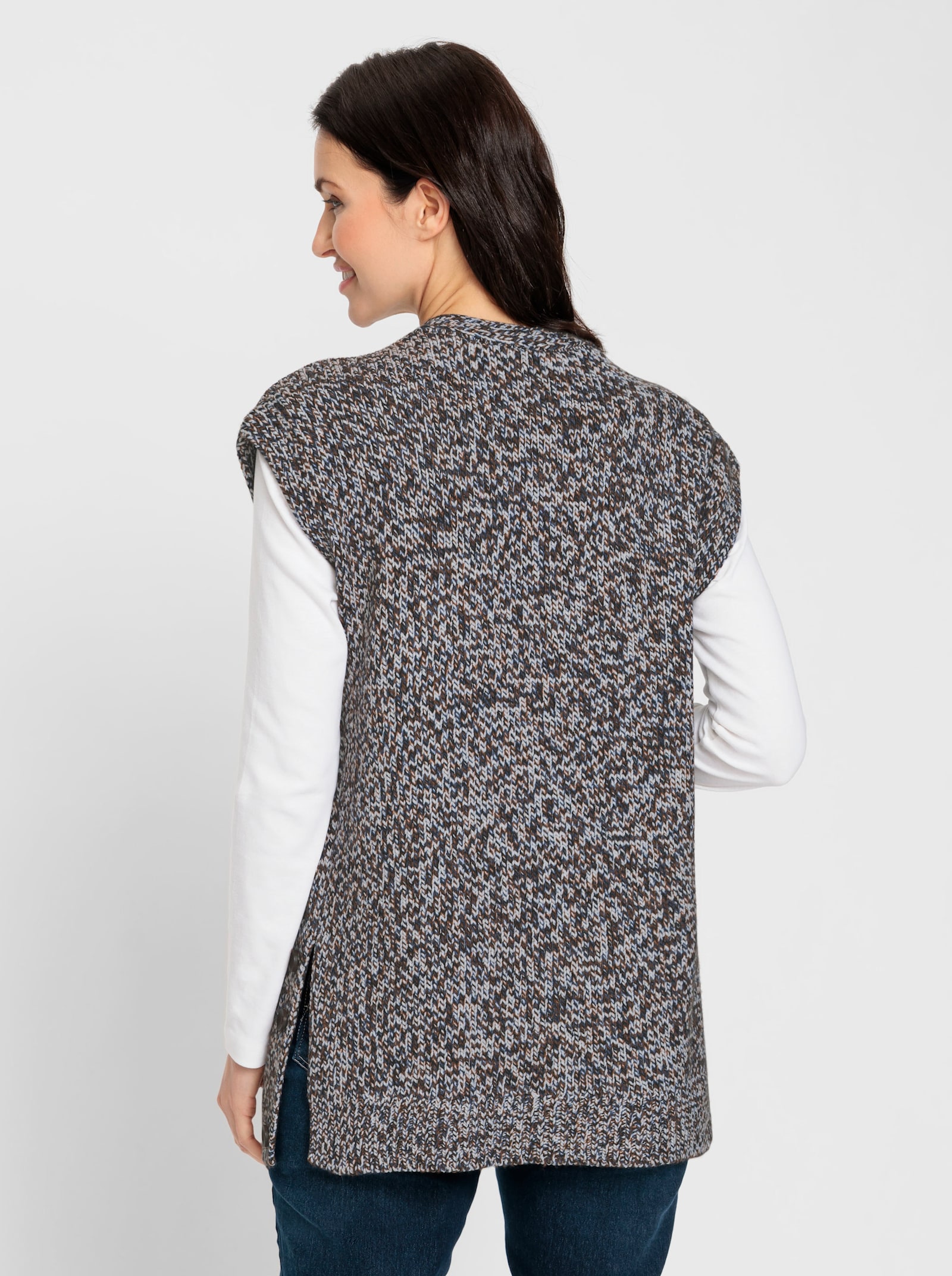 Longweste mit Knöpfen in Holz-Optik - rauchblau-meliert