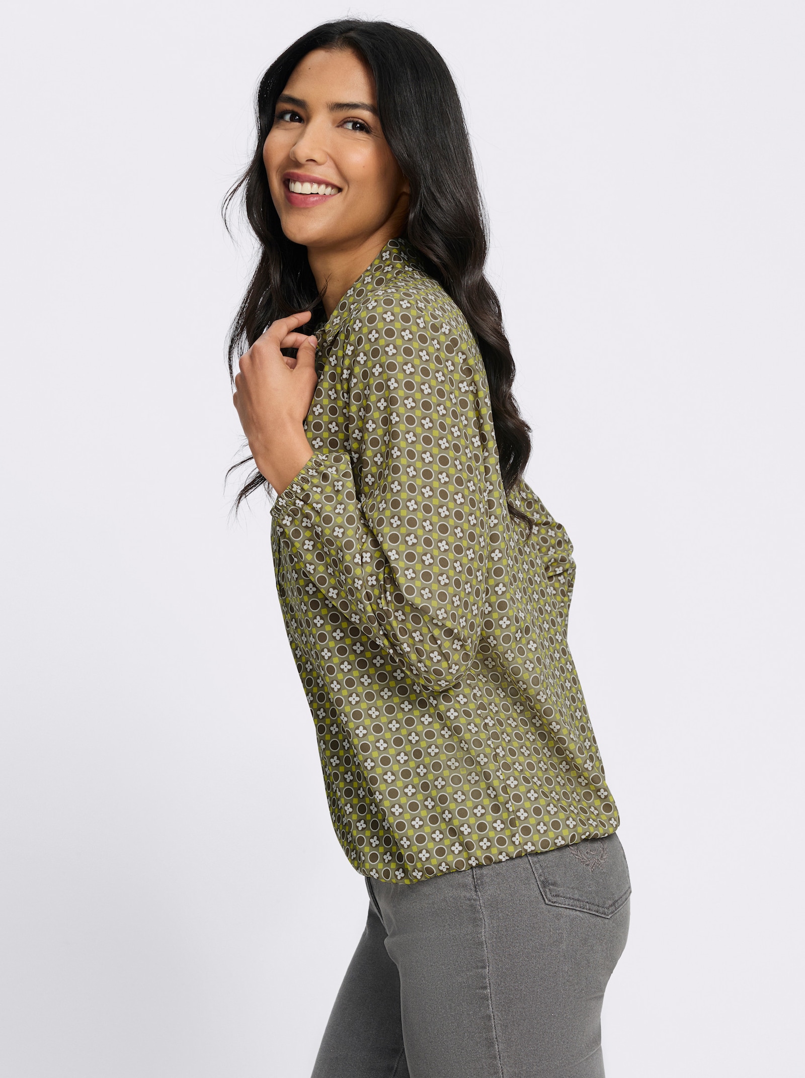 Schlupfbluse mit Gummibündchen - oliv-schilf-bedruckt